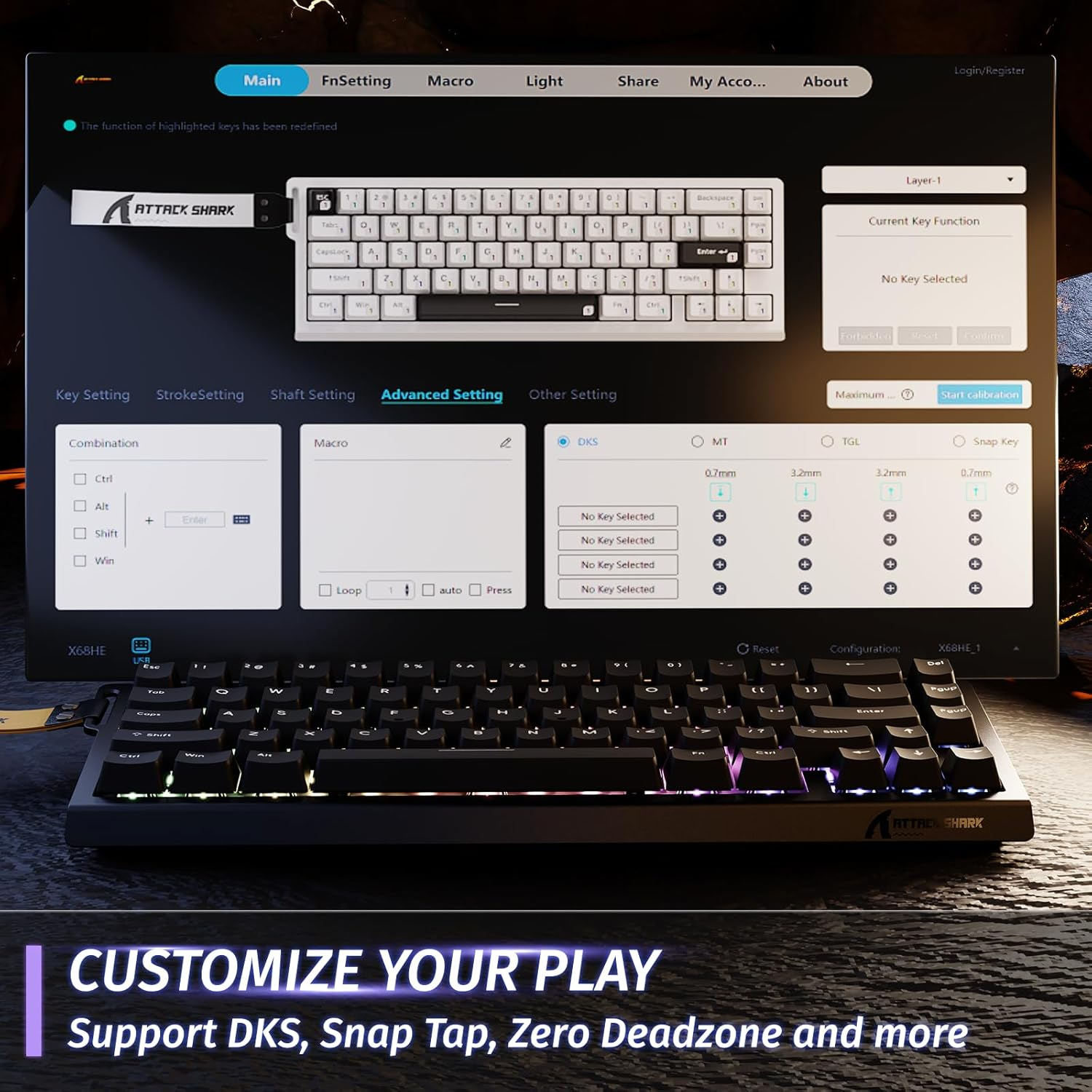 A gaming keyboard configuration software with a keyboard in the foreground.