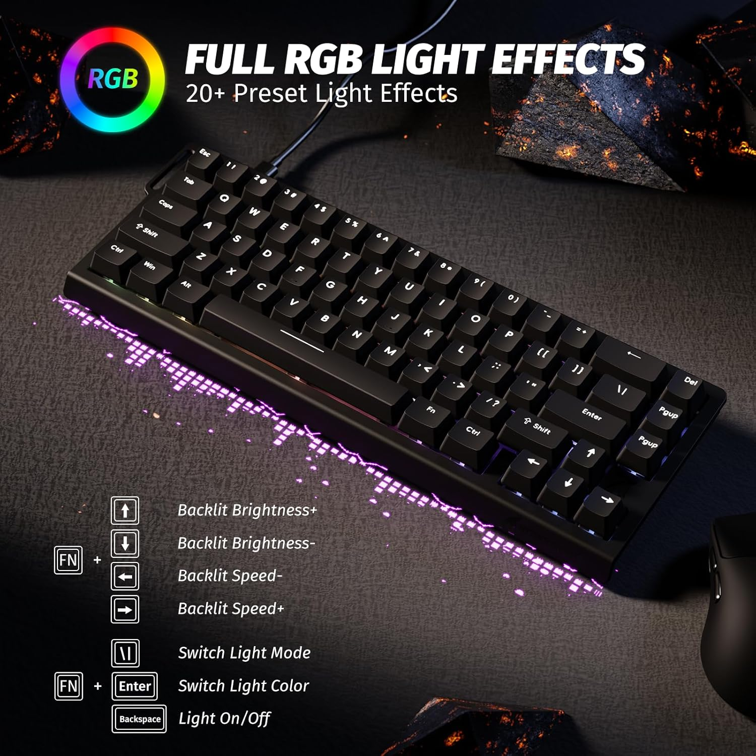 Black keyboard with RGB lighting and text describing light effects.
