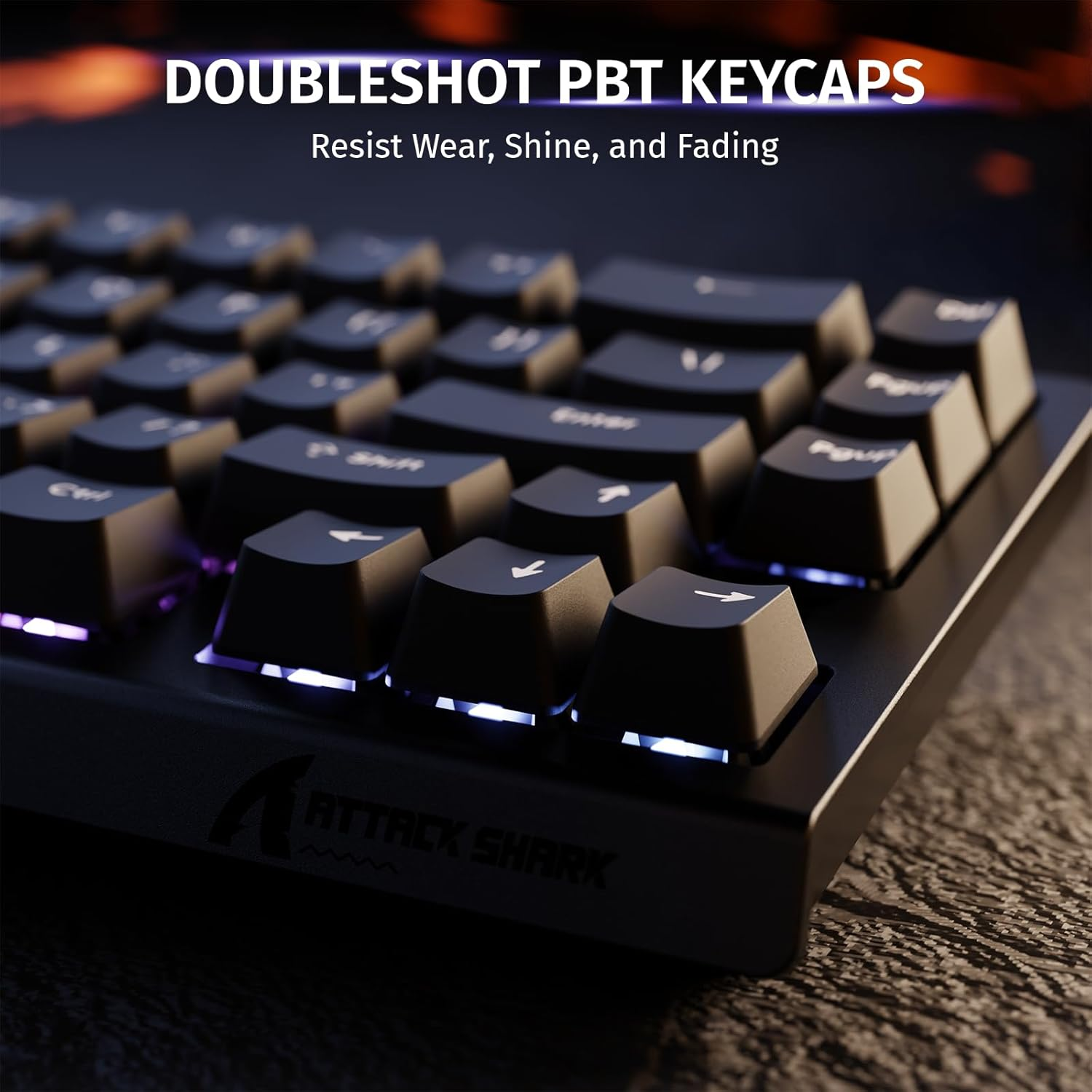 Black keycaps with purple backlighting on a keyboard.