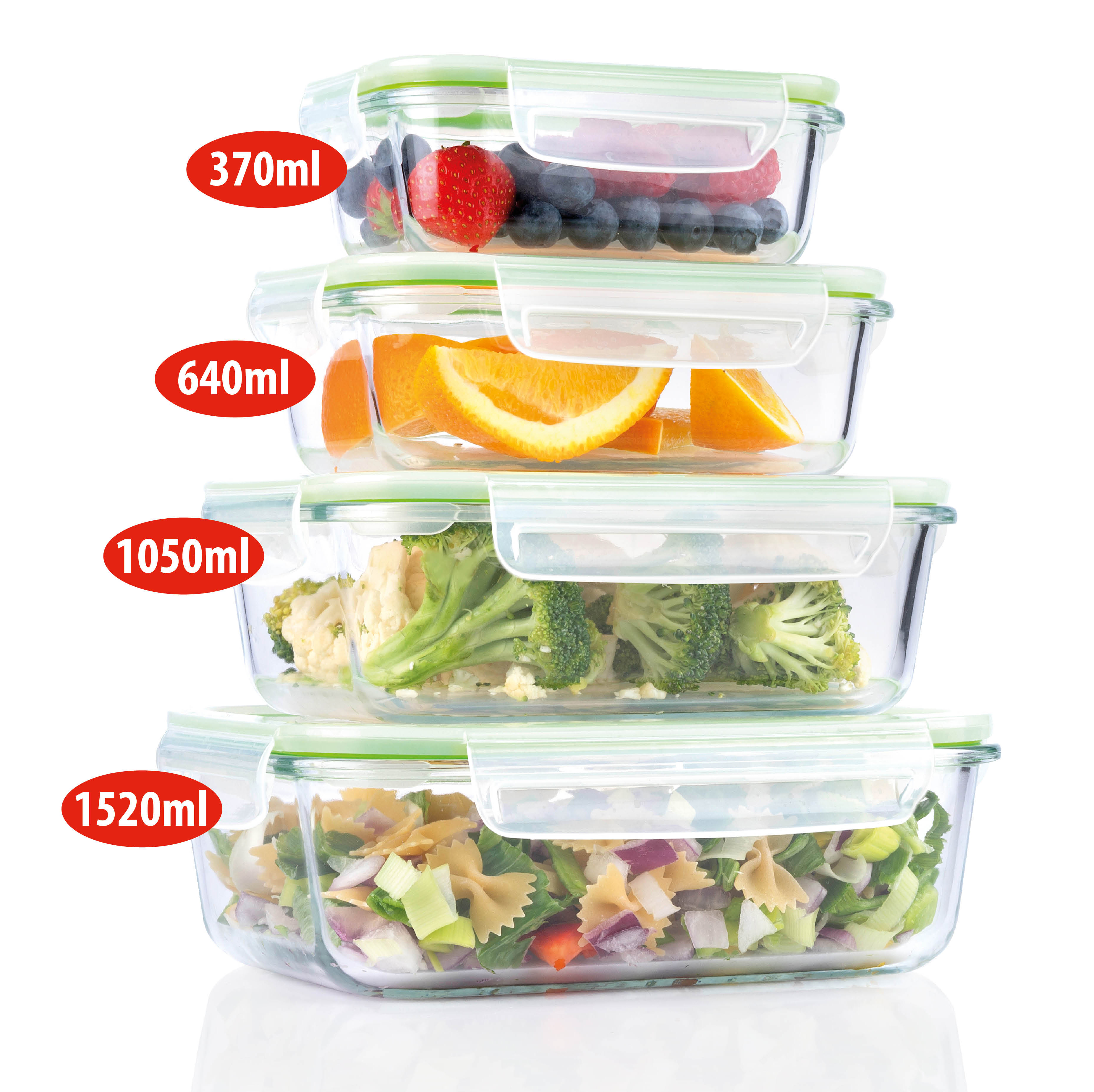 Four glass containers with food: berries, oranges, vegetables, pasta salad.