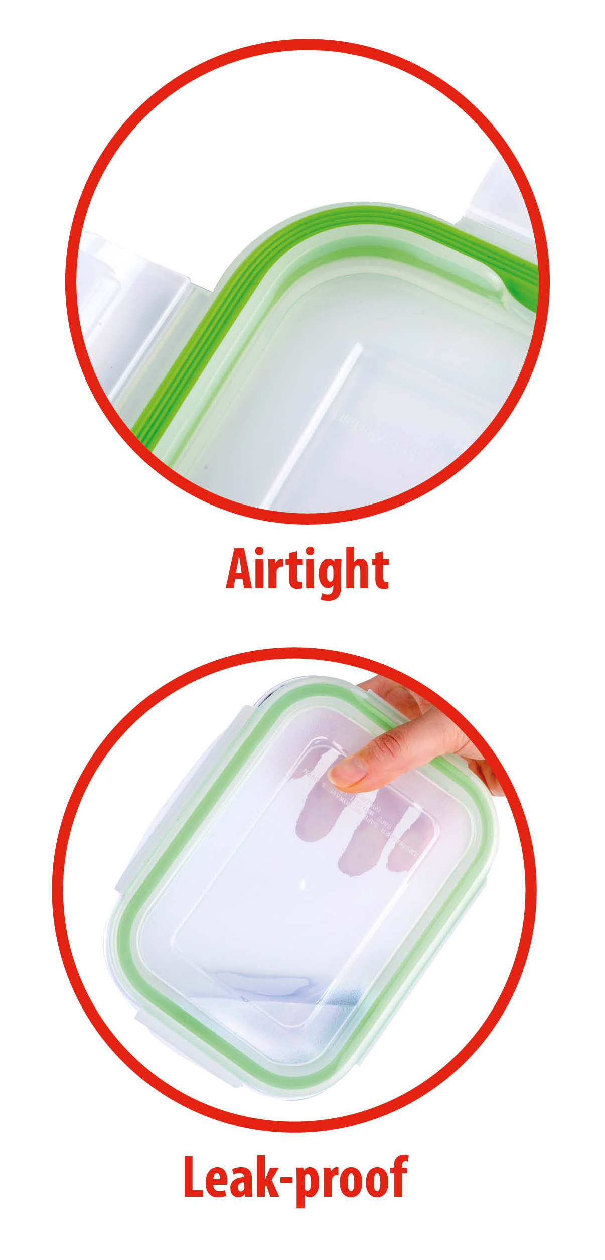 Clear container with green seal, airtight and leak-proof.