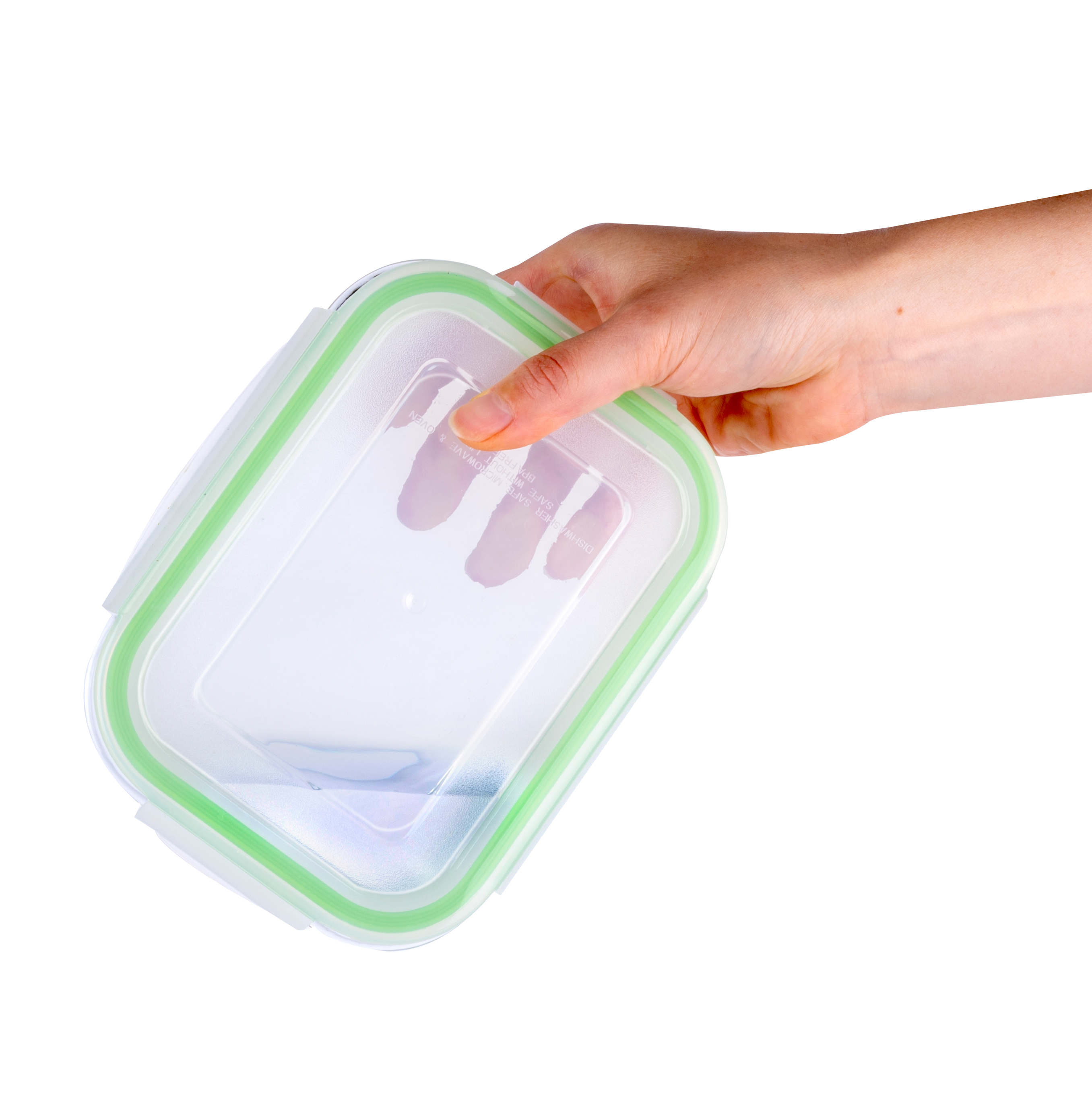 Hand holding a rectangular, clear food storage container with a green lid.