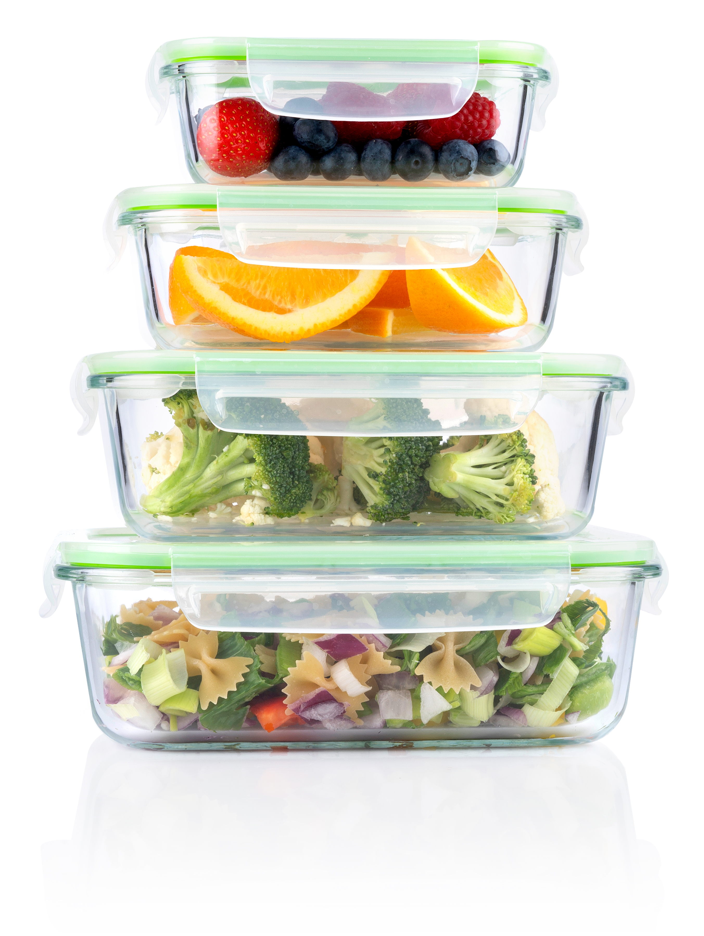 Stacked glass containers with fruits, oranges, broccoli, and pasta salad.
