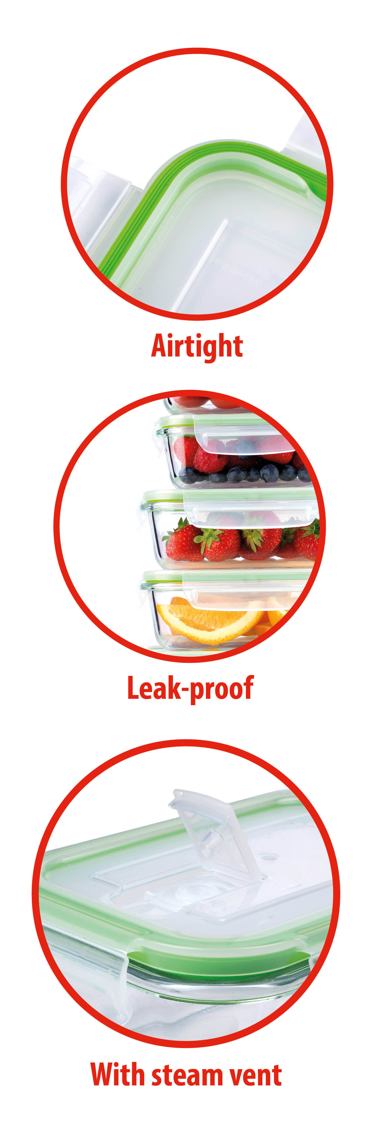 Glass containers with green seals, fruit, and steam vent.
