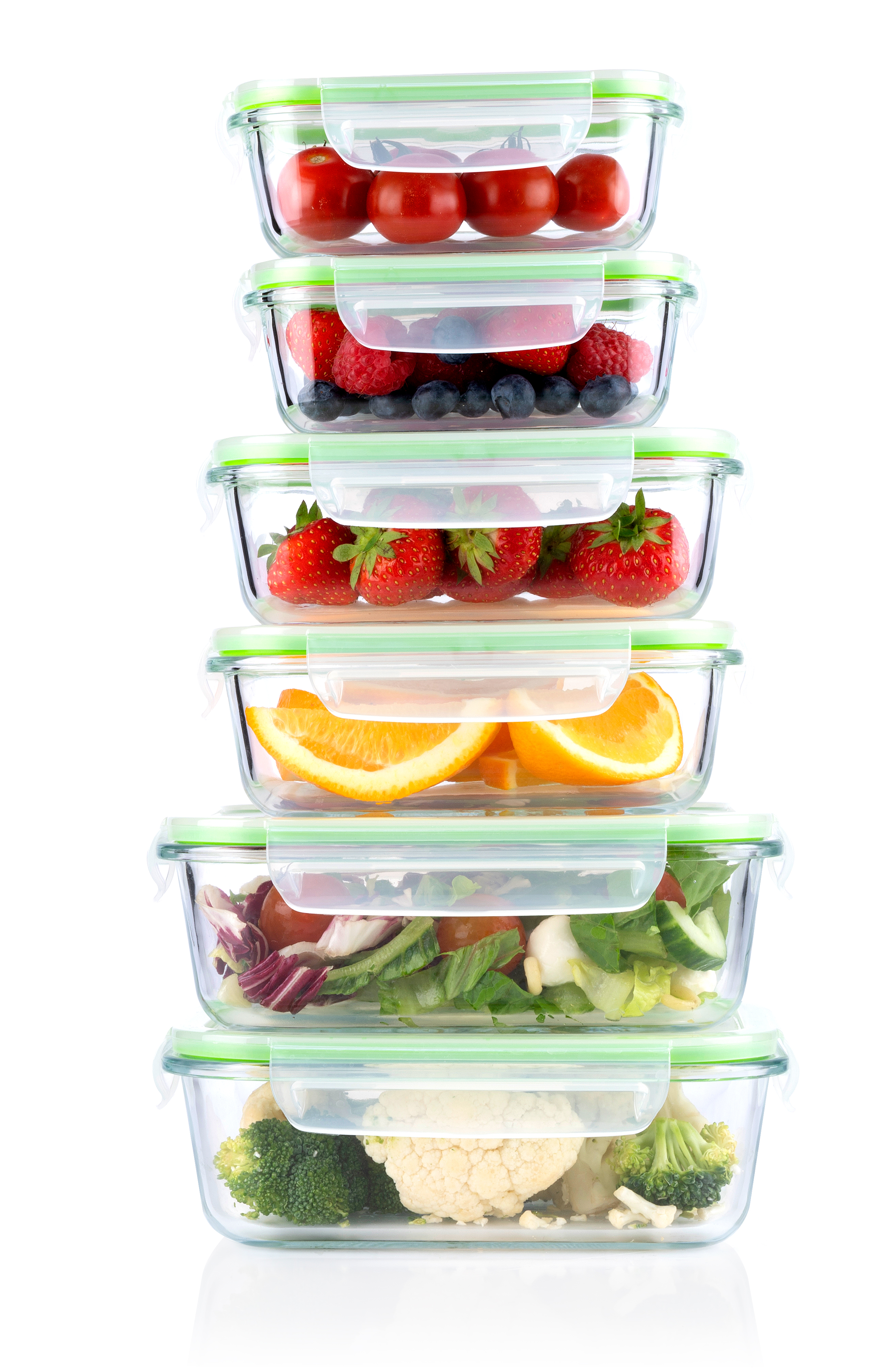 Stack of glass containers with food: tomatoes, berries, strawberries, orange, salad, cauliflower, broccoli.
