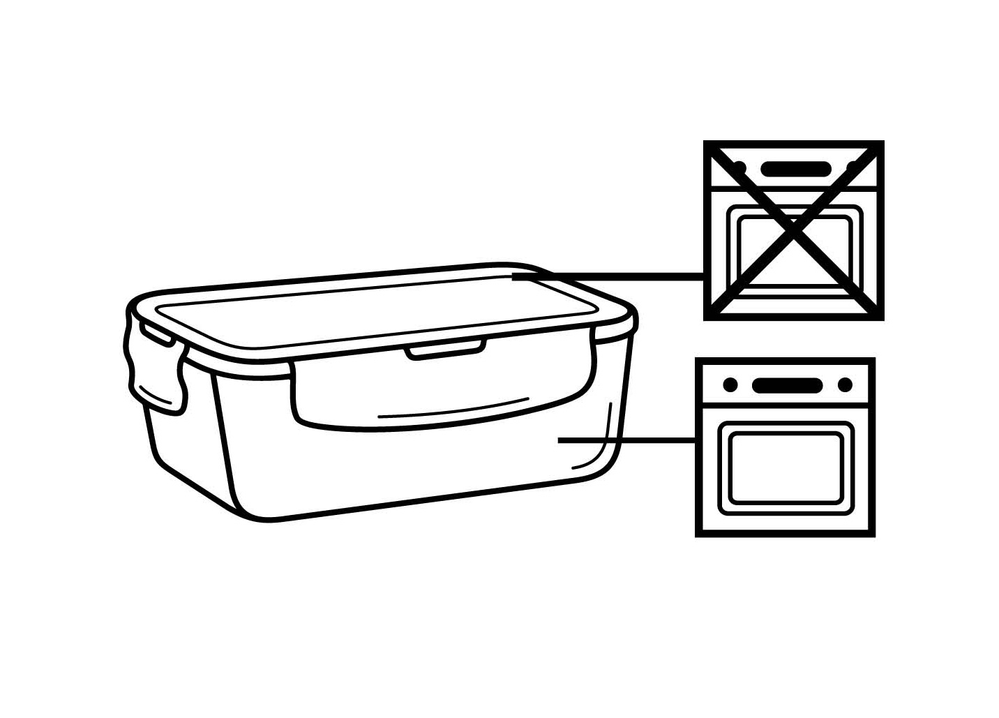 Container with symbols: Oven not allowed, Oven allowed.