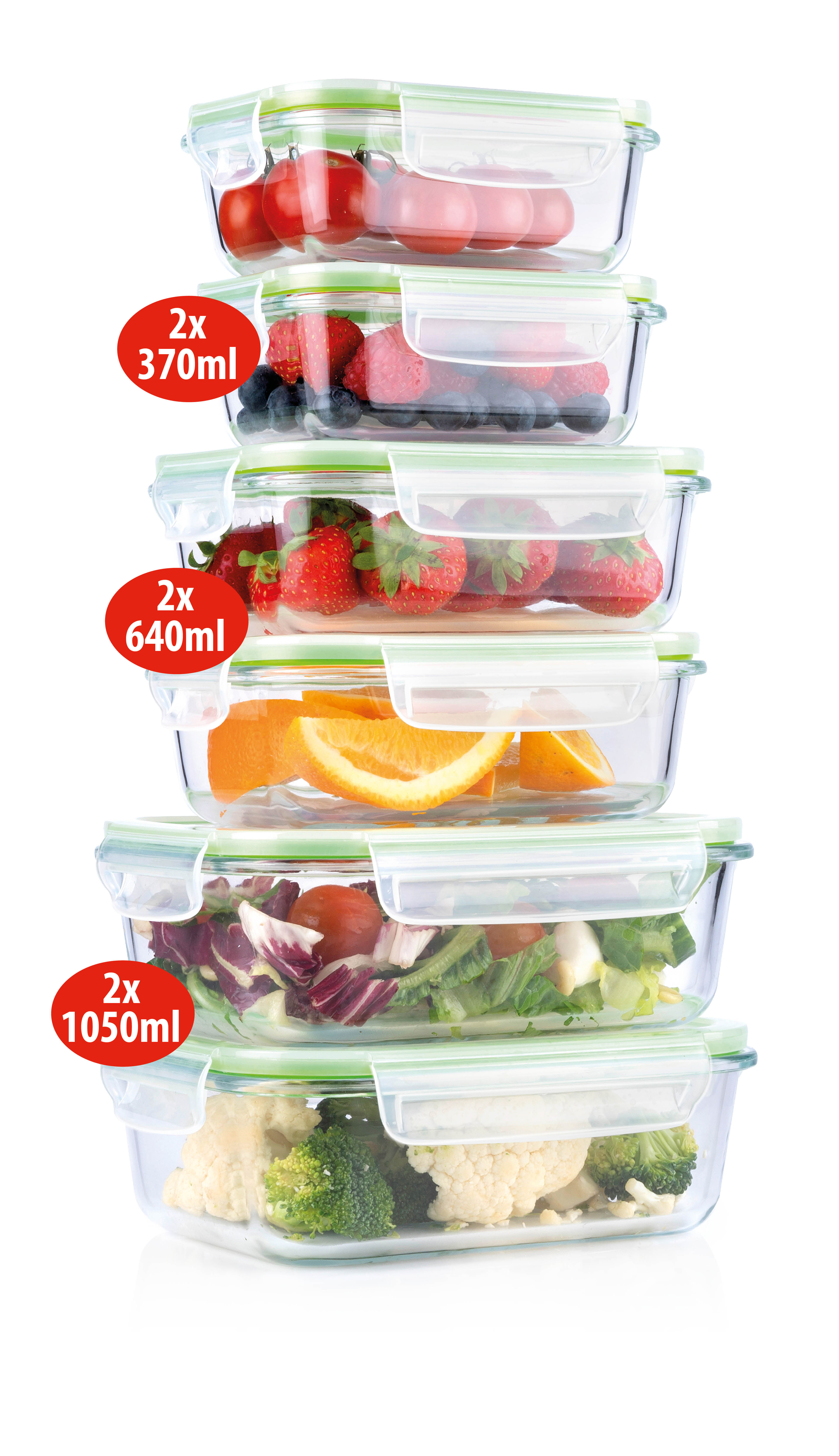 Stack of glass food containers with green lids. Contents: tomatoes, berries, strawberries, oranges, salad, cauliflower, broccoli.