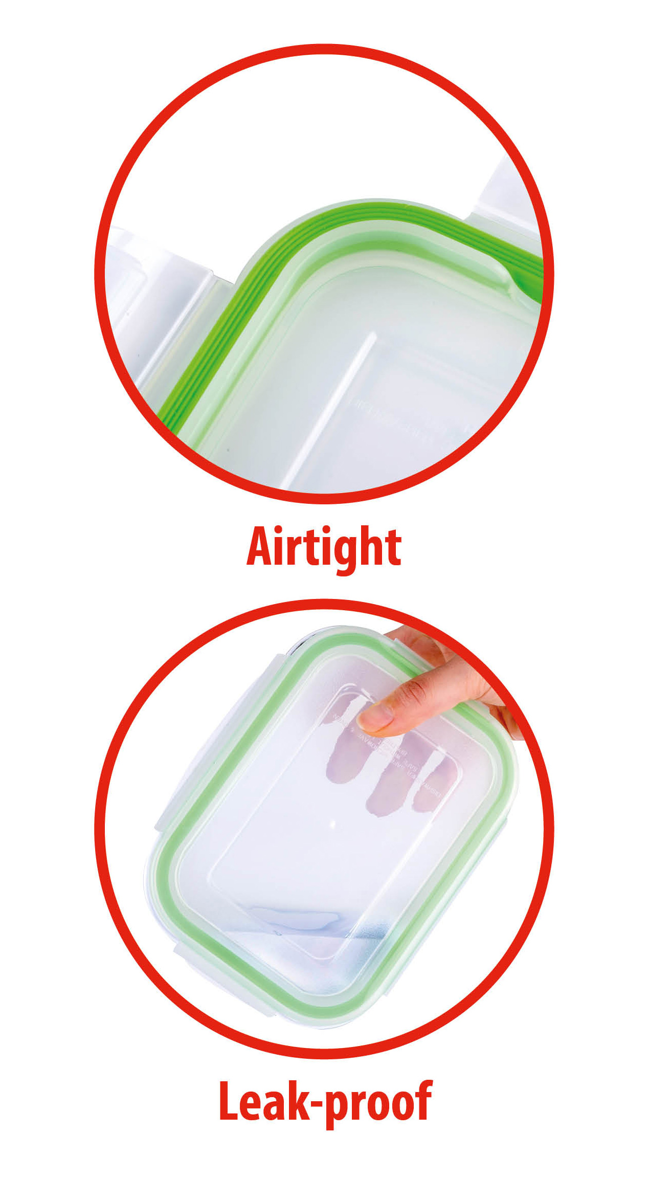 Clear container with green seal and red overlay. Airtight and leak-proof.