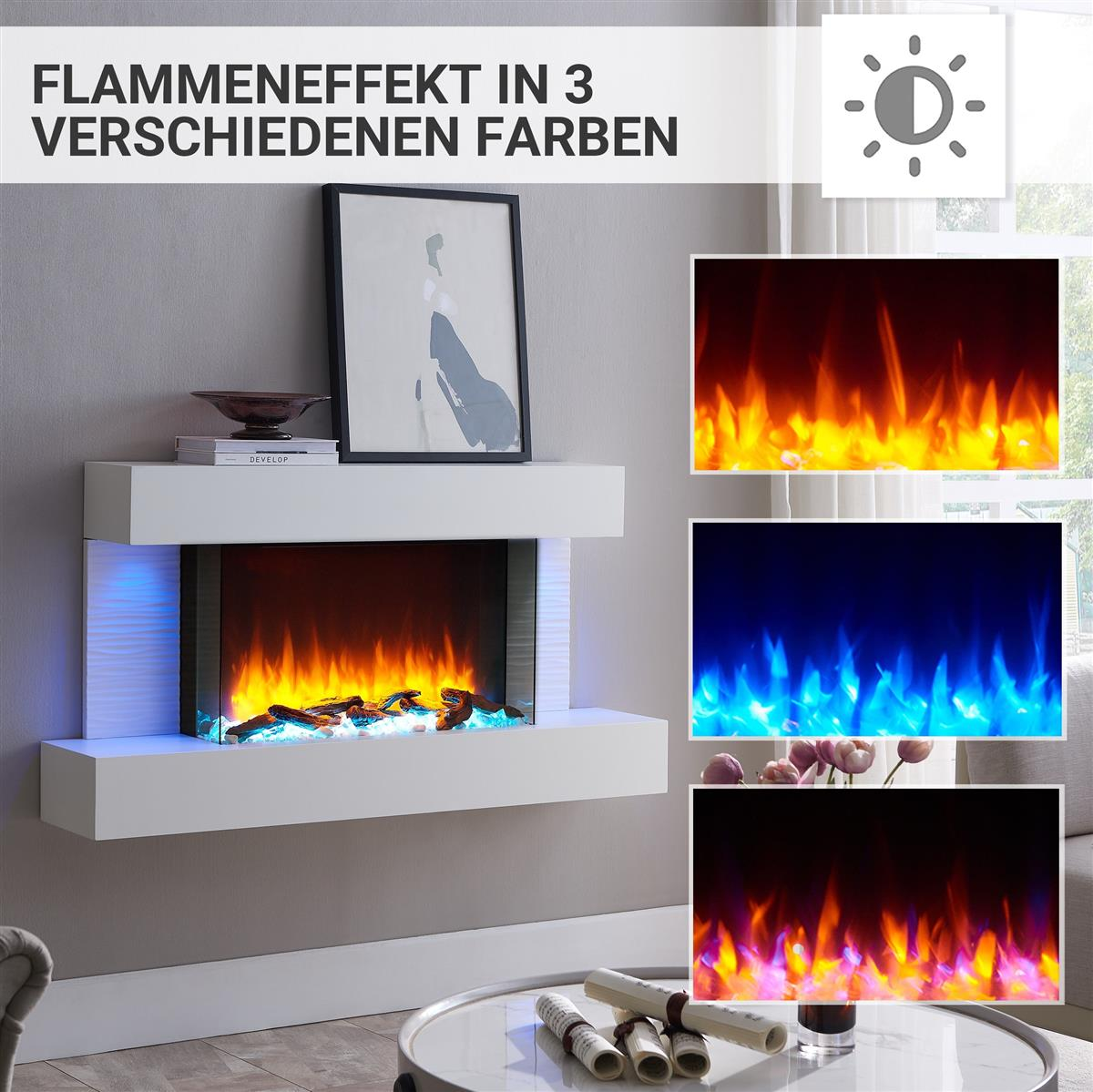 Moderner weißer Kamin mit Flammeneffekt in Orange, Blau und Mehrfarbig.