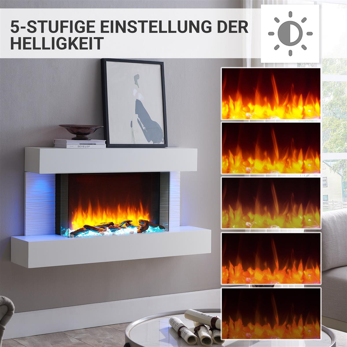 Elektrischer Kamin mit 5 Helligkeitsstufen, Flammen und blauer Beleuchtung.