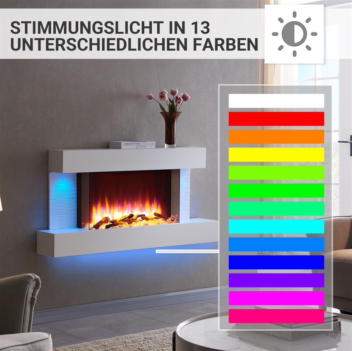 Moderner weißer Kamin mit Flammen und Farboptionen.