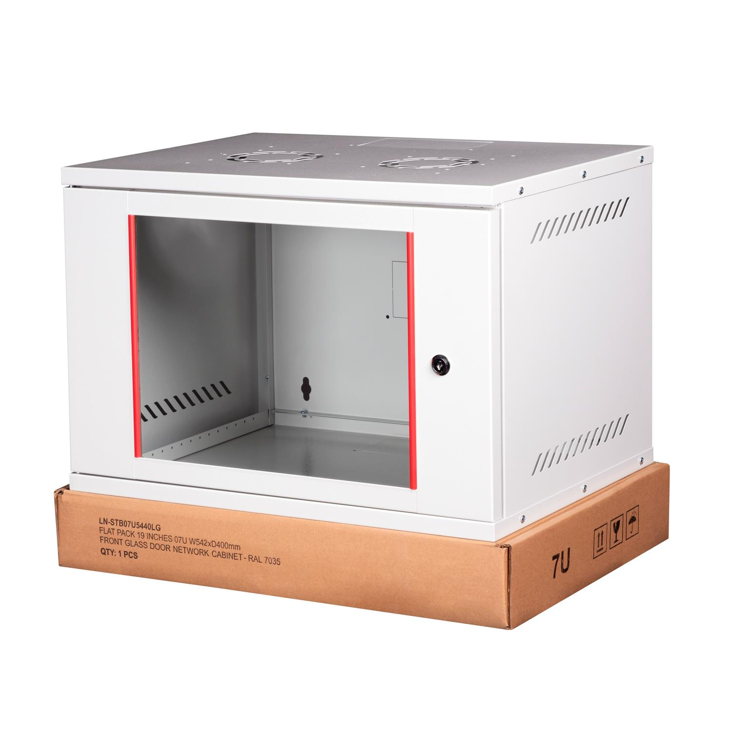 LANDE 7U 19" 544X400 mm Demonte Cam Kapaklı Duvar Tipi Rack Kabinet Antrasit Gri