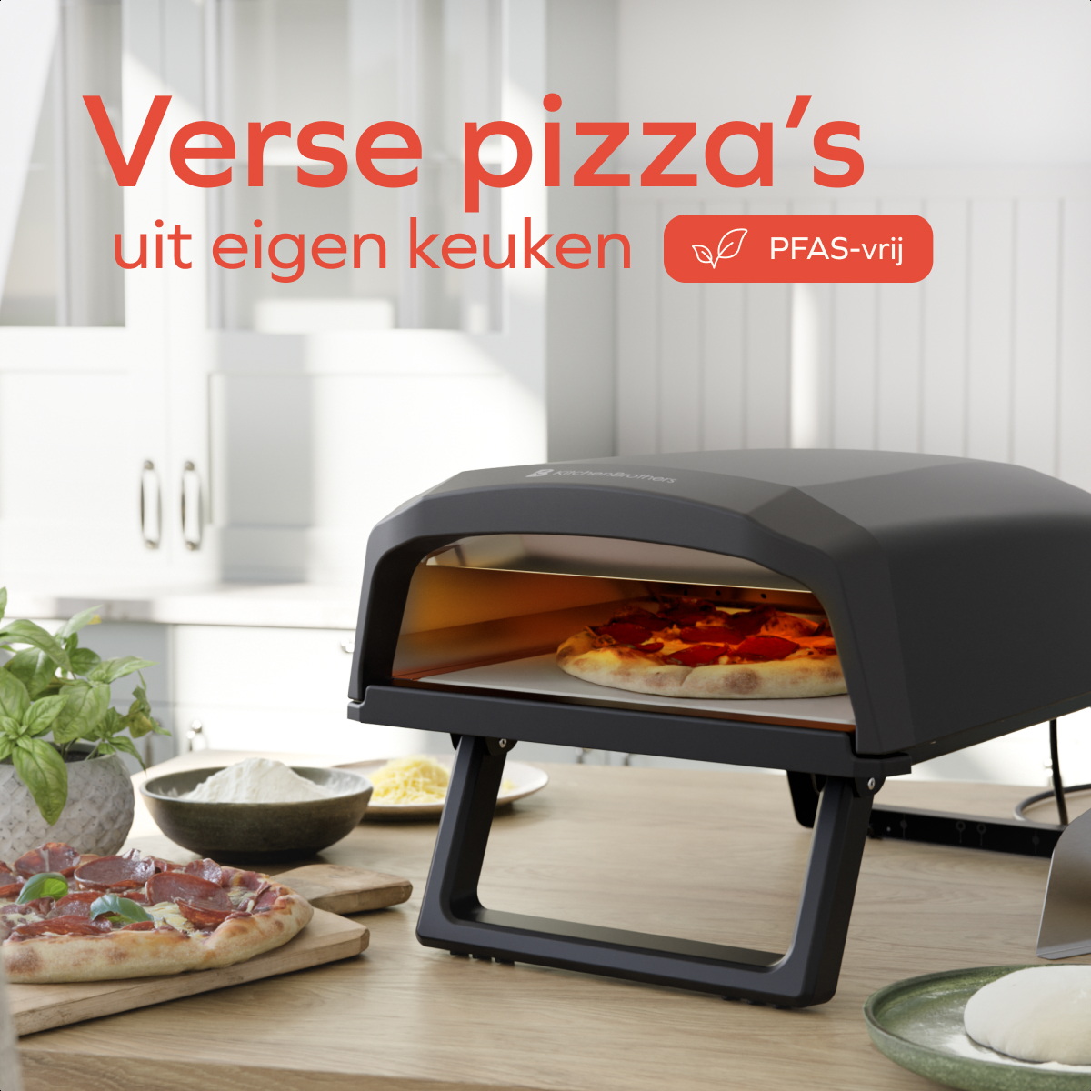 A pizza oven with a pizza inside. Fresh pizza from the kitchen.