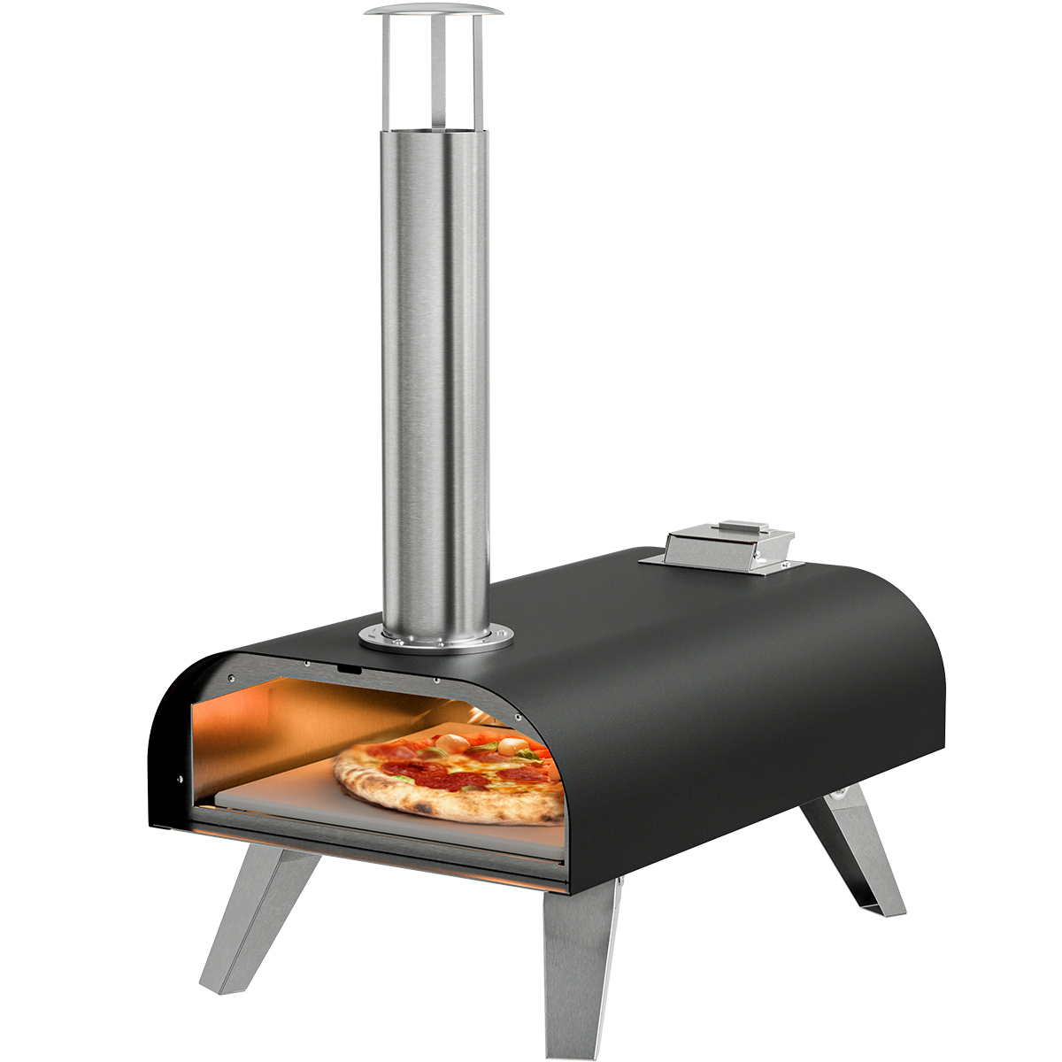 Ein schwarzer Pizzaofen mit Edelstahlrohr und einem Pizzastück darin.