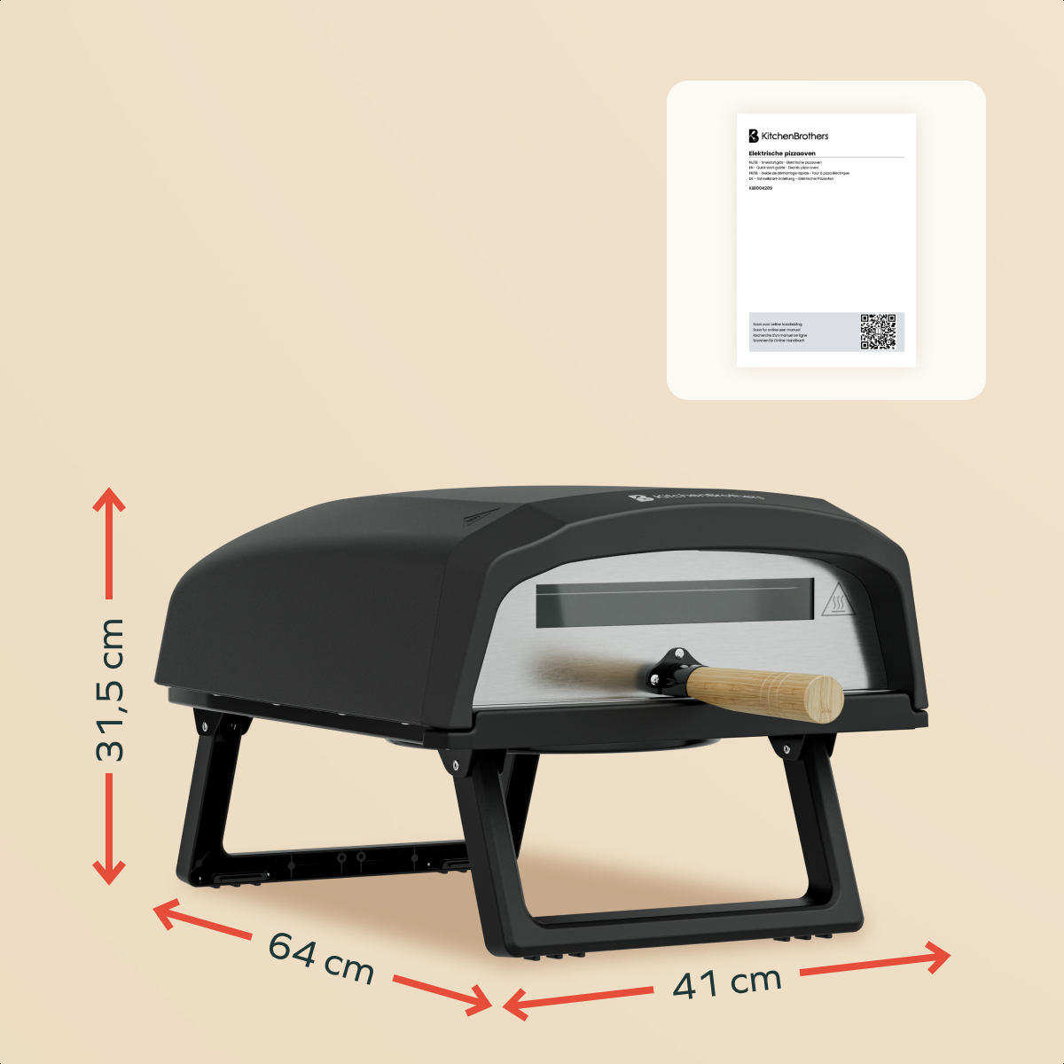 Black pizza oven with wooden handle, dimensions 31.5cm H, 64cm W, 41cm D.