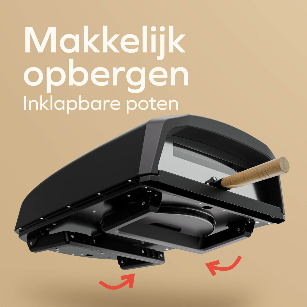 Black oven with foldable legs and wooden handle. Text: Easy to store.