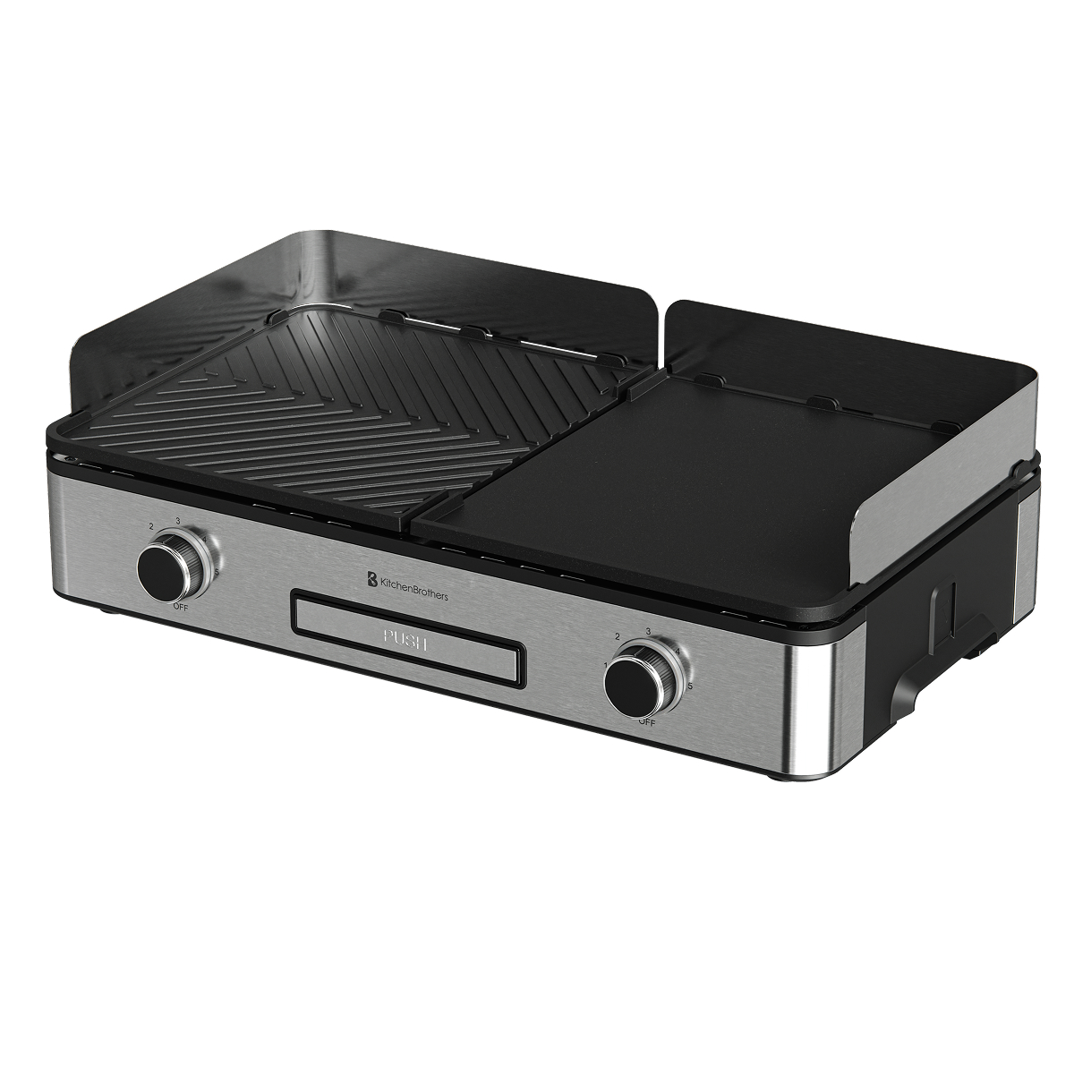 A silver countertop grill with a ribbed grill plate and a flat plate, two knobs.