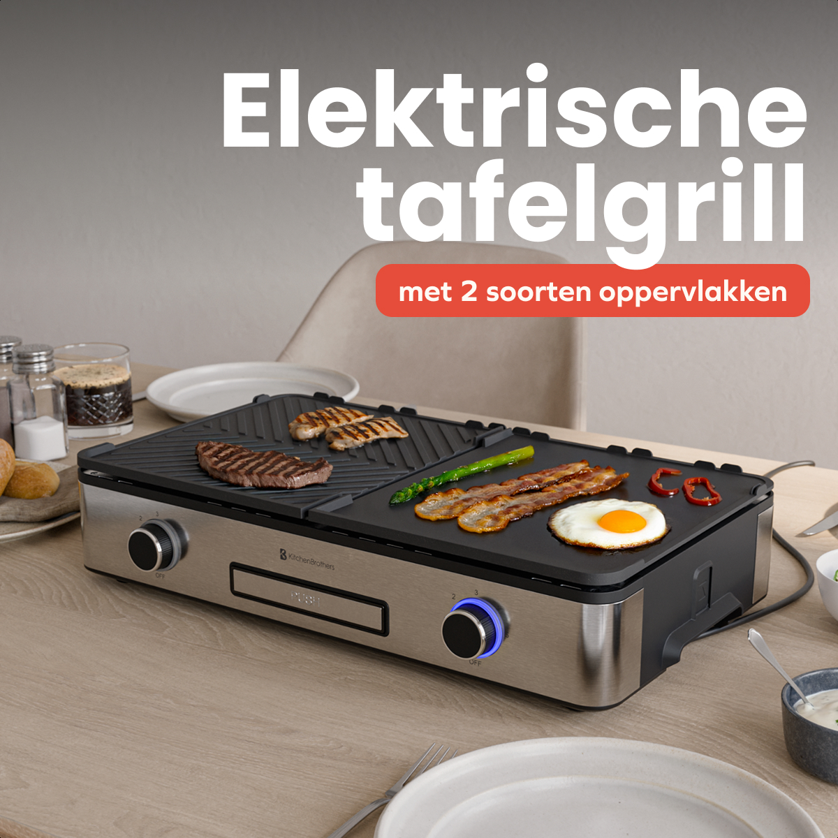 Electric table grill with steak, bacon, asparagus, and egg on two grill surfaces.