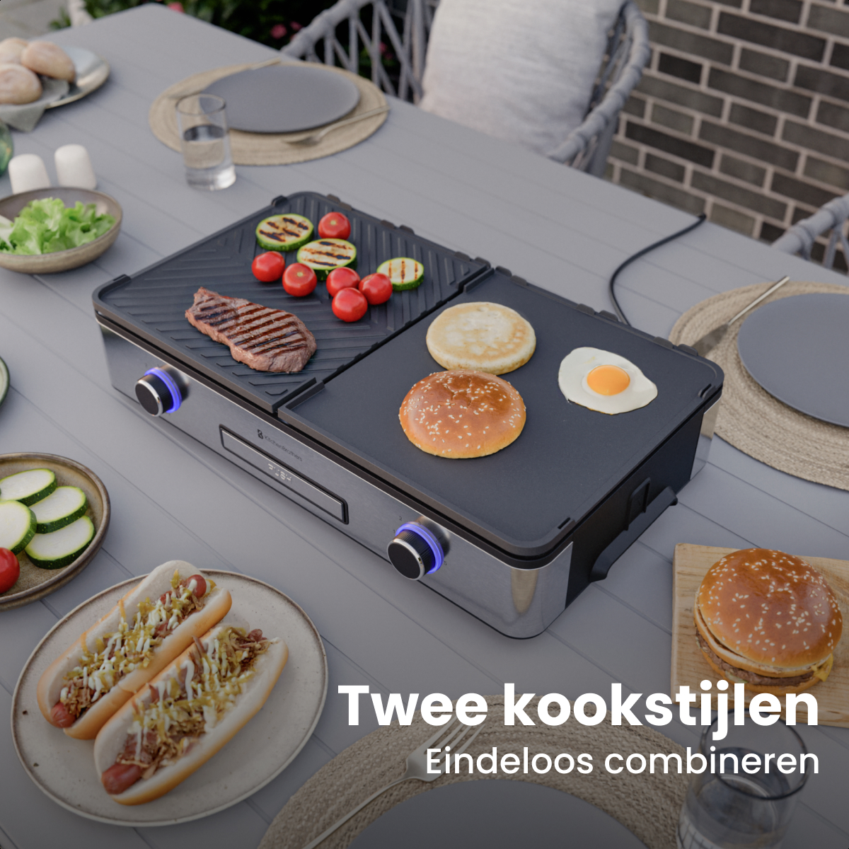 A grill with steak, vegetables, burger, and egg. Hot dogs and a burger nearby.