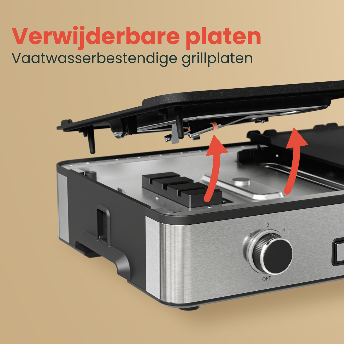Removable, dishwasher-safe grill plates are shown.