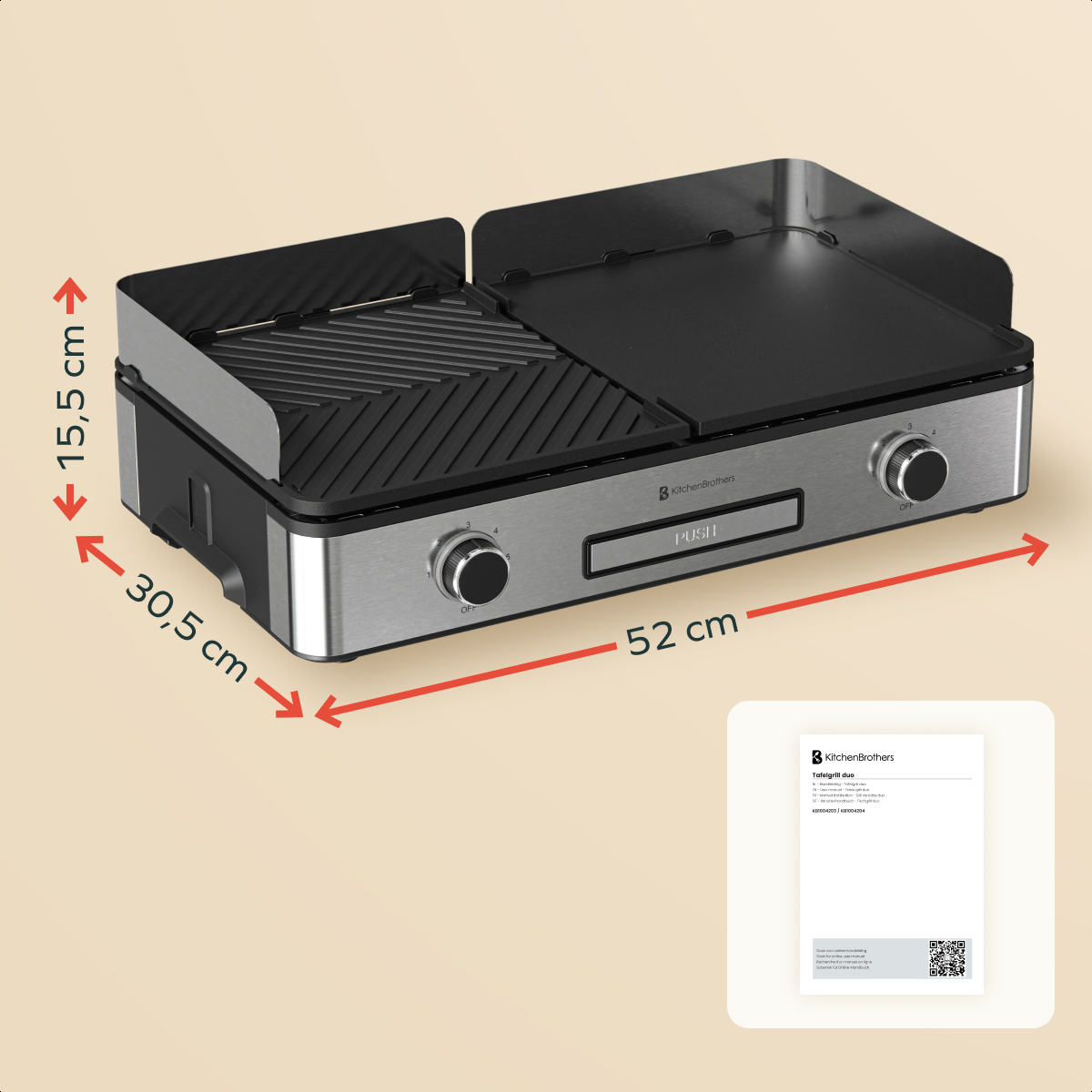 A silver and black tabletop grill with ribbed and flat surfaces, dimensions shown.