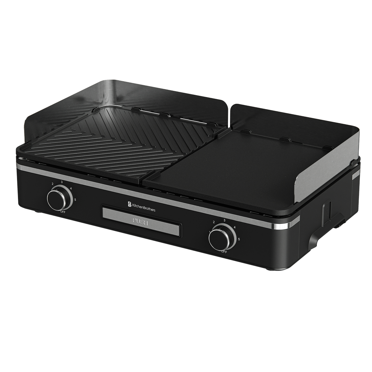 A black electric table grill with two cooking surfaces and rotary knobs.