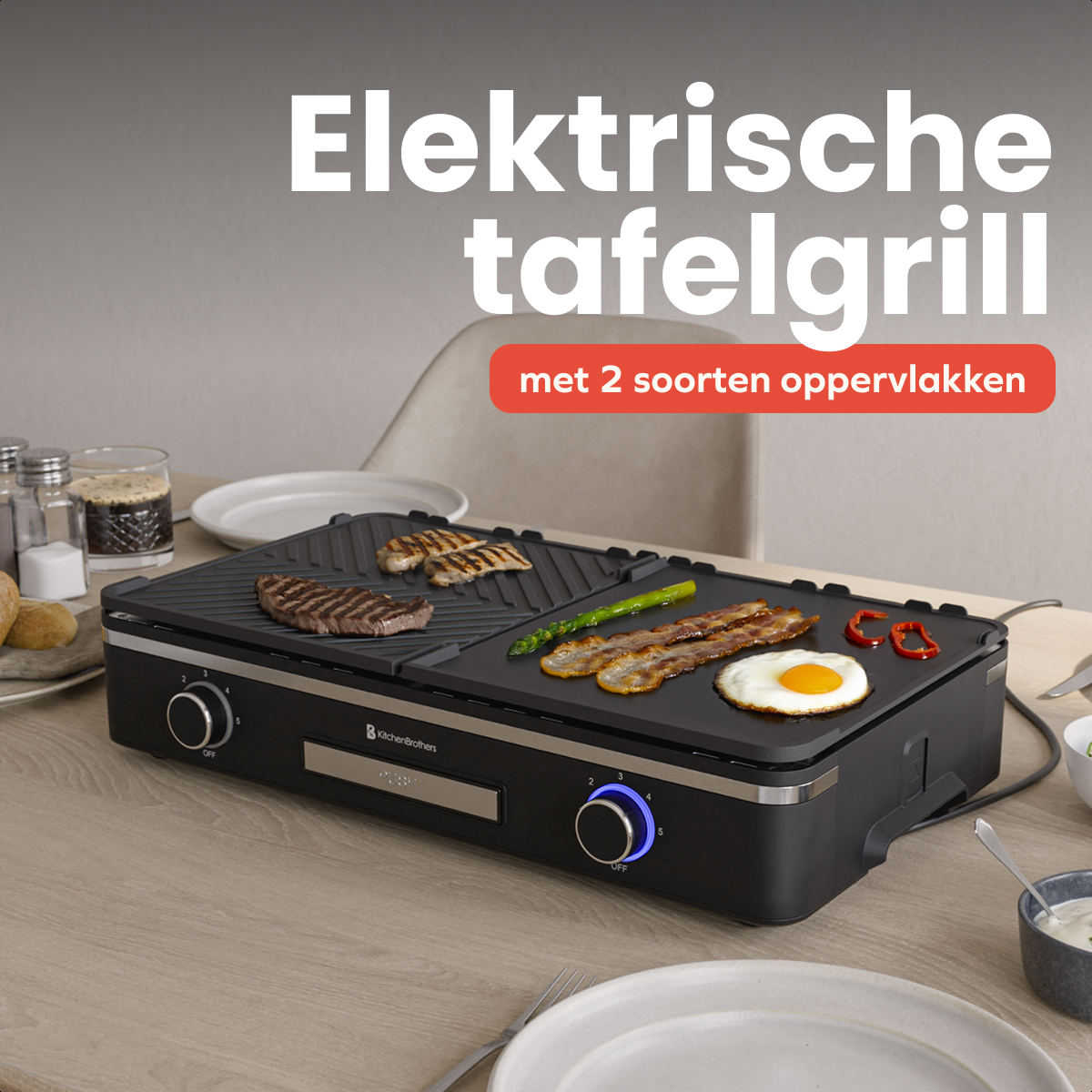 Electric table grill with meat, bacon, asparagus, egg, and bell pepper.