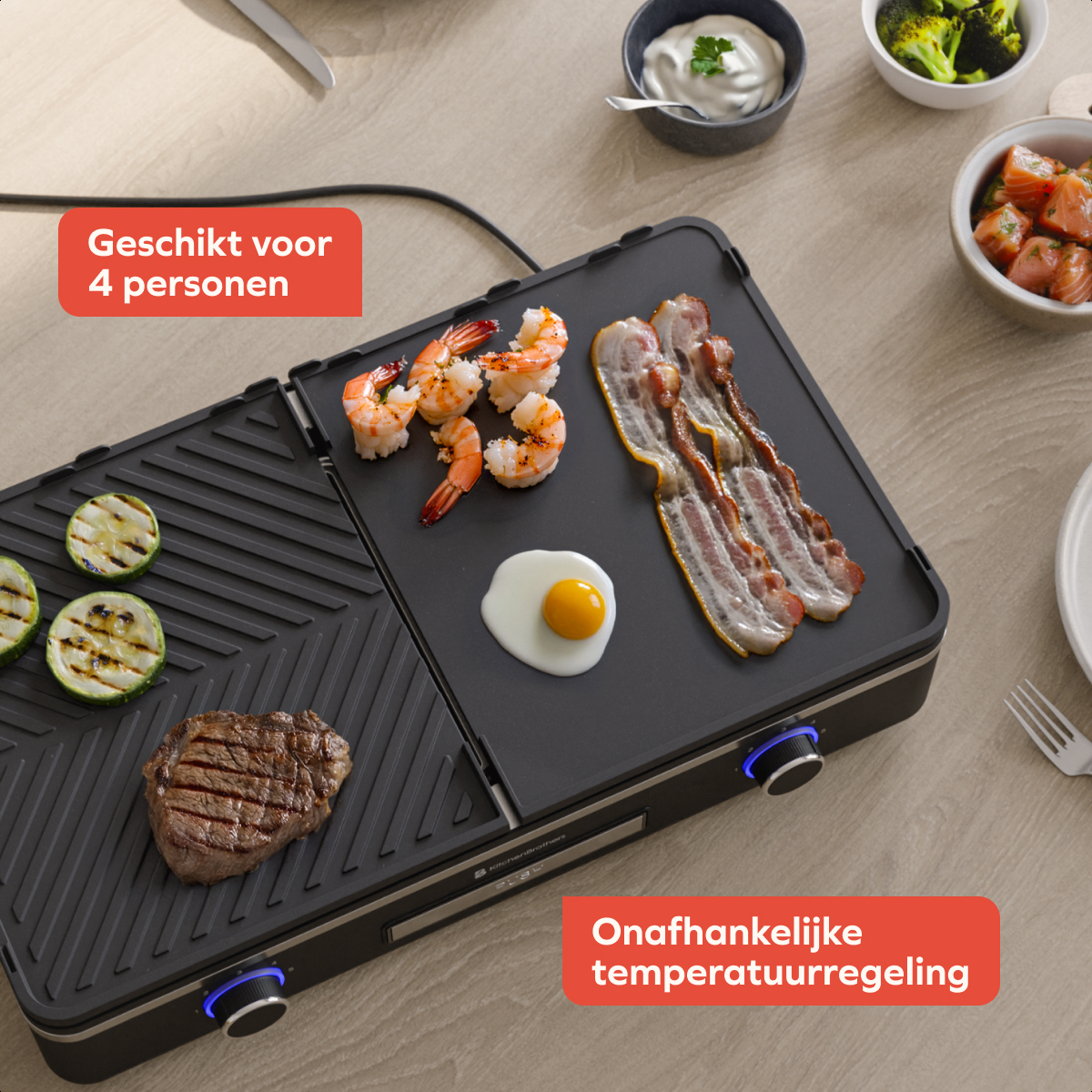 An electric grill with steak, shrimp, bacon, egg, and zucchini. Suitable for 4 people.
