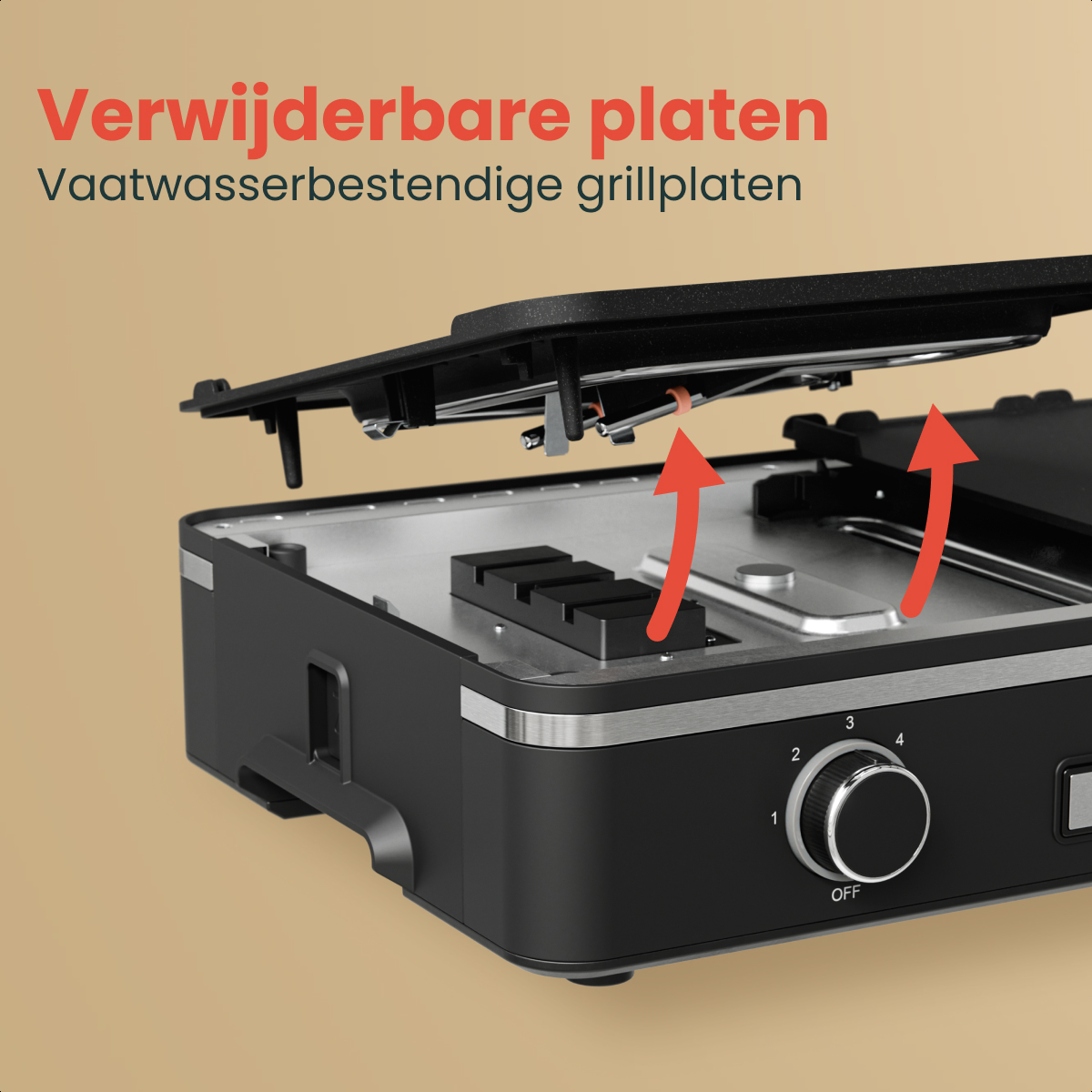 An open electric grill with red arrows pointing to removable plates.