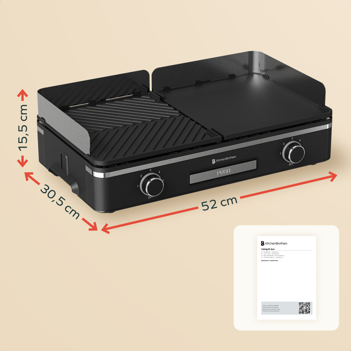 Black tabletop grill with ribbed and flat cooking surfaces. Dimensions: 52x30.5x15.5cm.