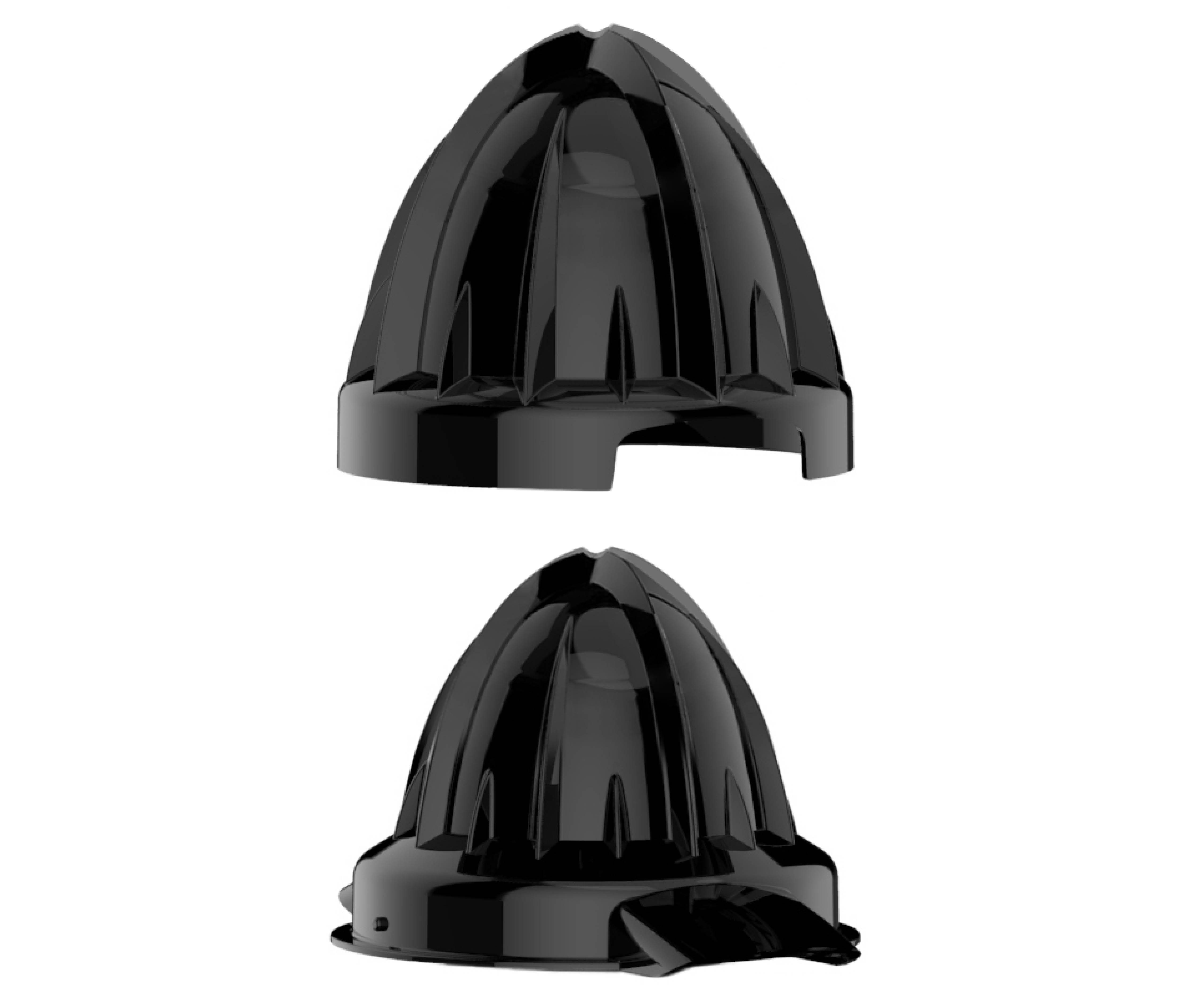 Twee zwarte citruspersopzetstukken met ribbels en schuine randen.