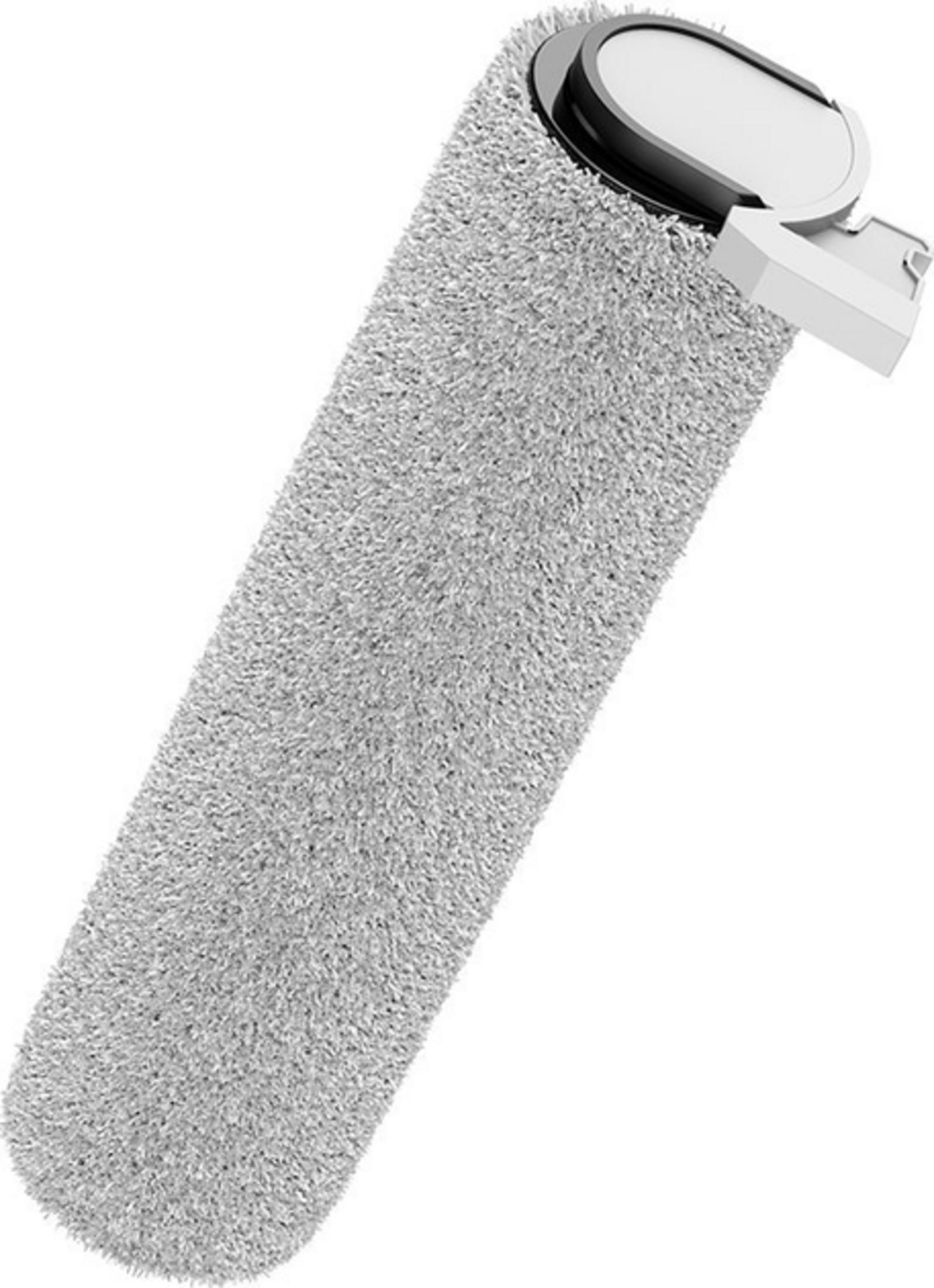 Szary, puszysty wkład mopa z białym uchwytem.