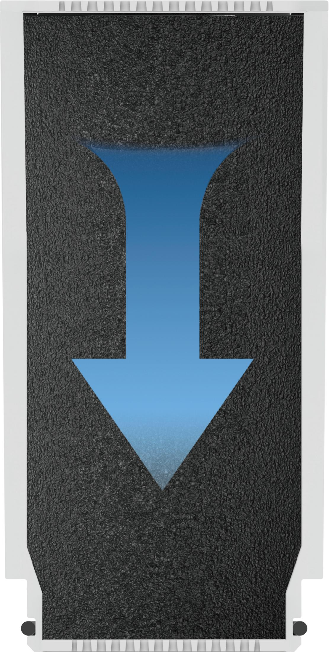 Niebieska strzałka skierowana w dół przez czarną, ziarnistą powierzchnię.