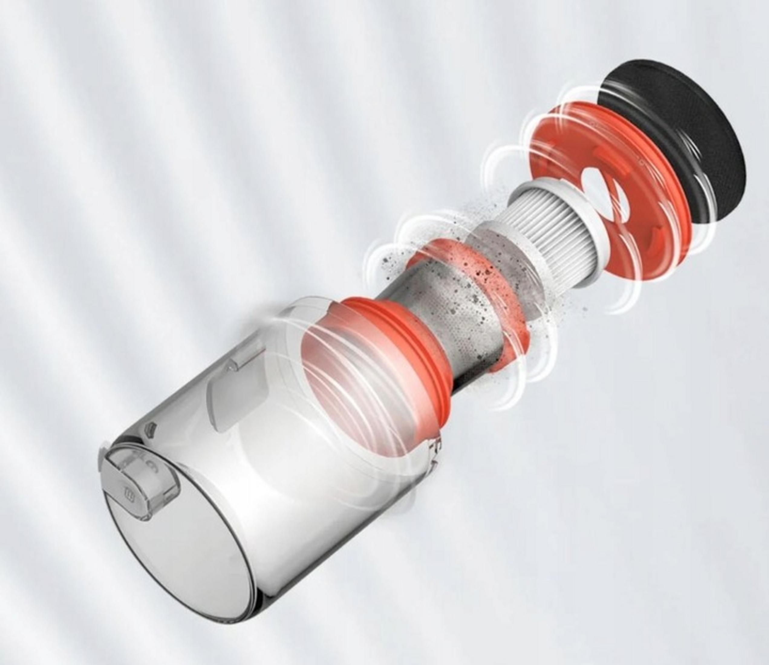 Widok rozstrzelony pojemnika na kurz z pomarańczowymi i czarnymi częściami.