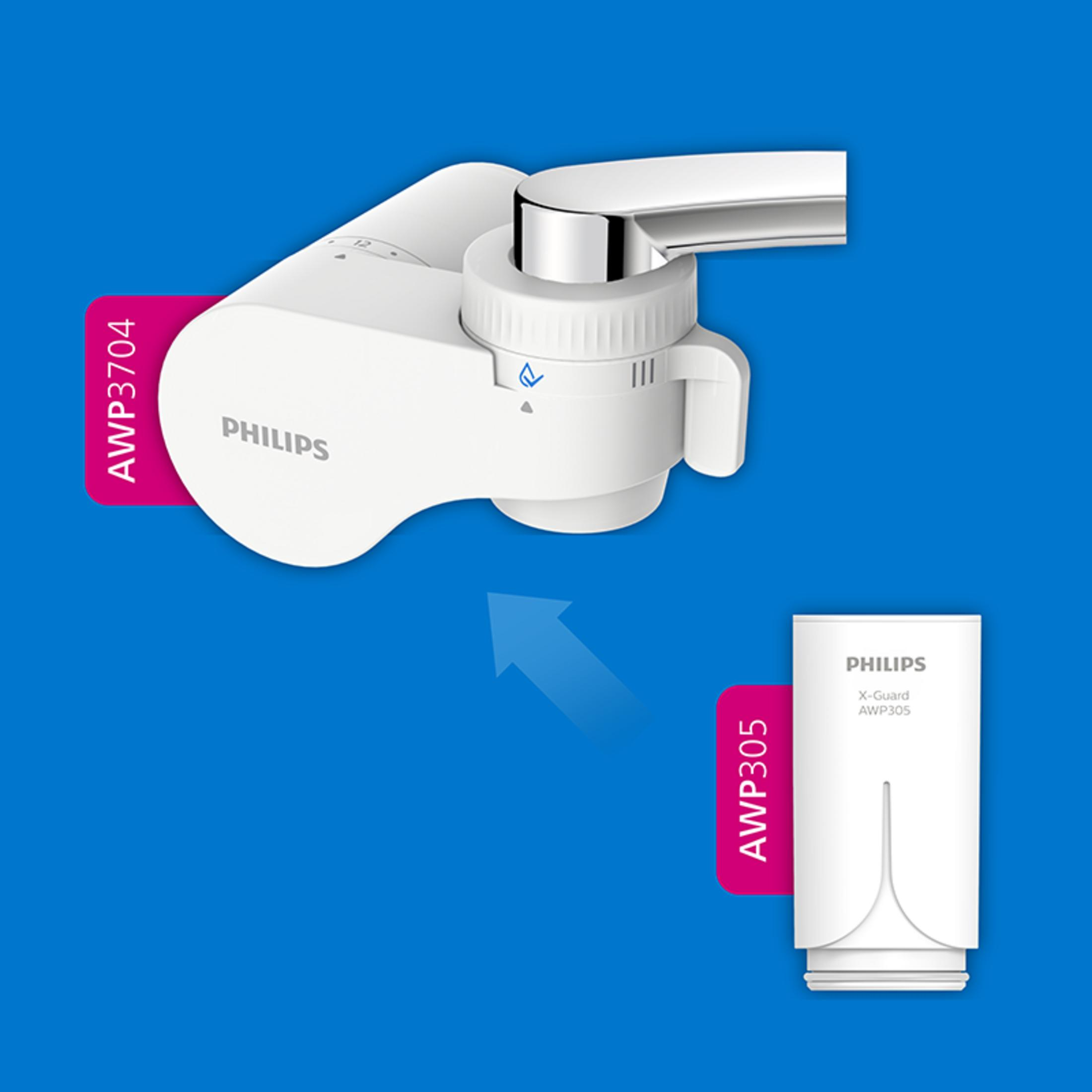 Białe nakładki filtra wody Philips z różowymi etykietami na niebieskim tle.