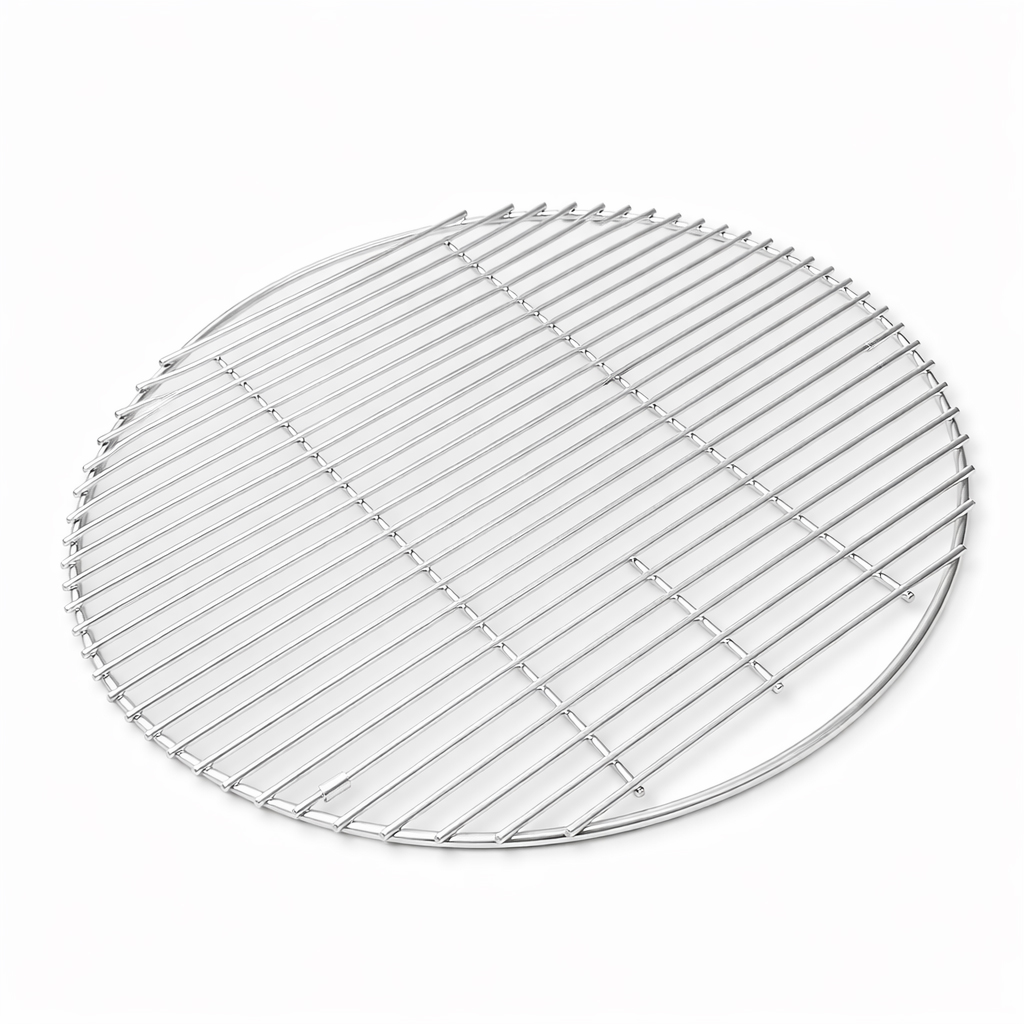 A round, silver grill rack with parallel bars and an outer rim.