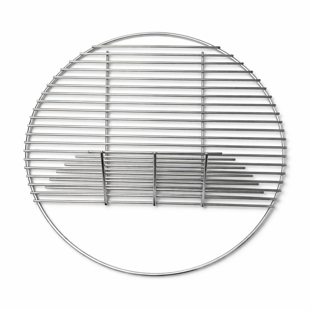 A round, silver metal grill rack with horizontal bars and an outer rim.