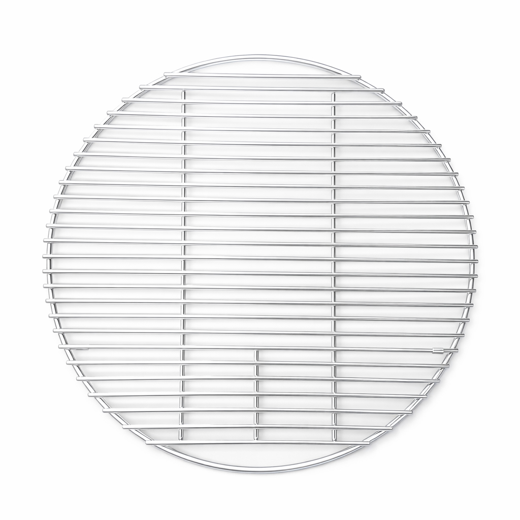 A round metal grill rack with horizontal and vertical bars.