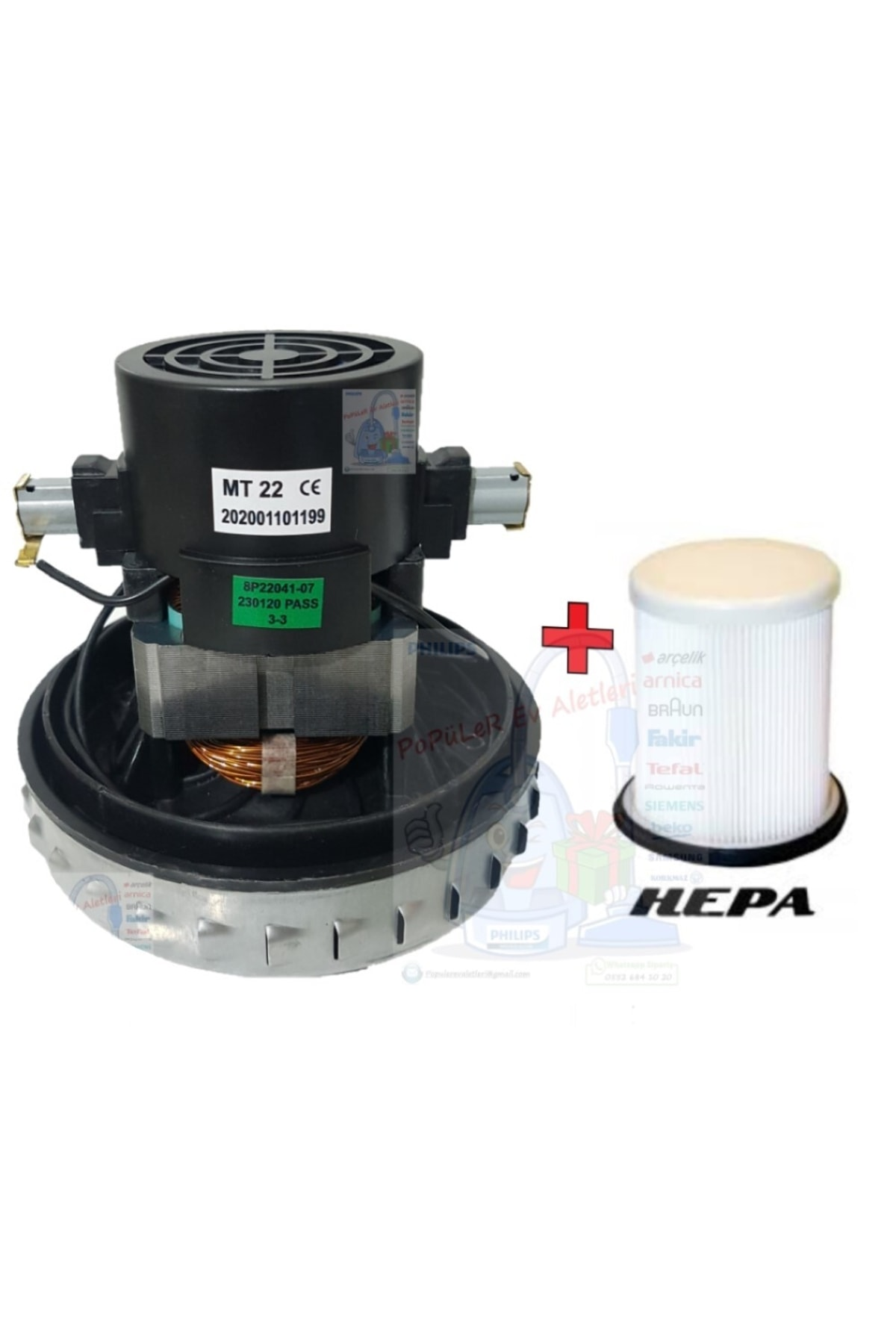HEPA filtreli bir elektrikli süpürge motoru. Motor siyah, bakır sargılıdır.