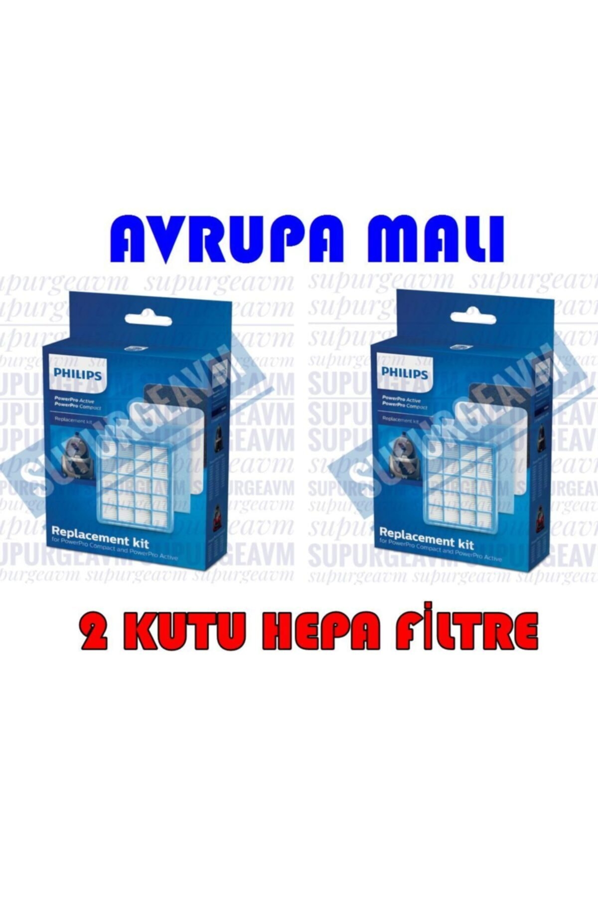 İki adet Philips HEPA filtre yedek kiti mavi kutularda.