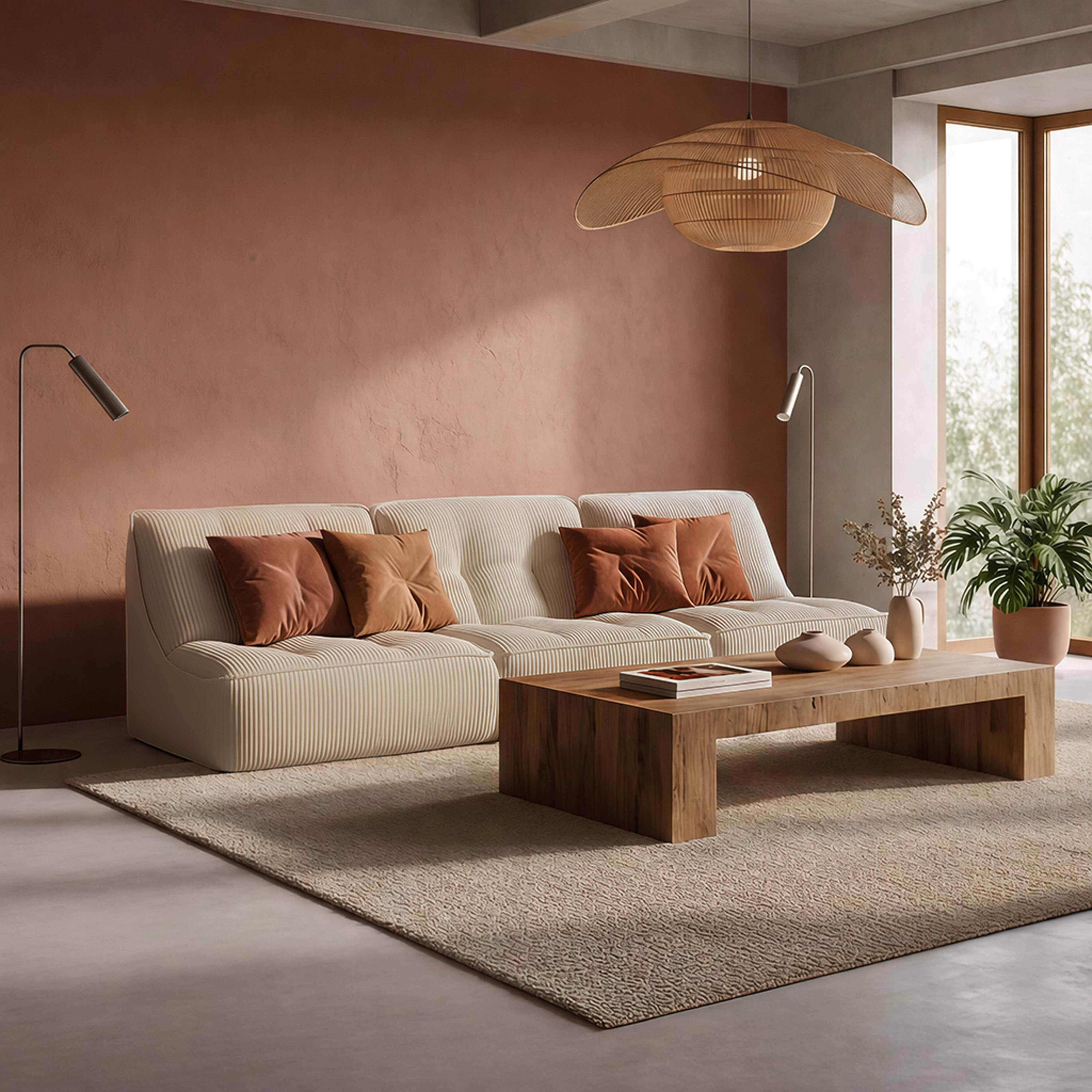 Ein helles Wohnzimmer mit einem beigefarbenen Sofa, Holztisch und Pflanzen.