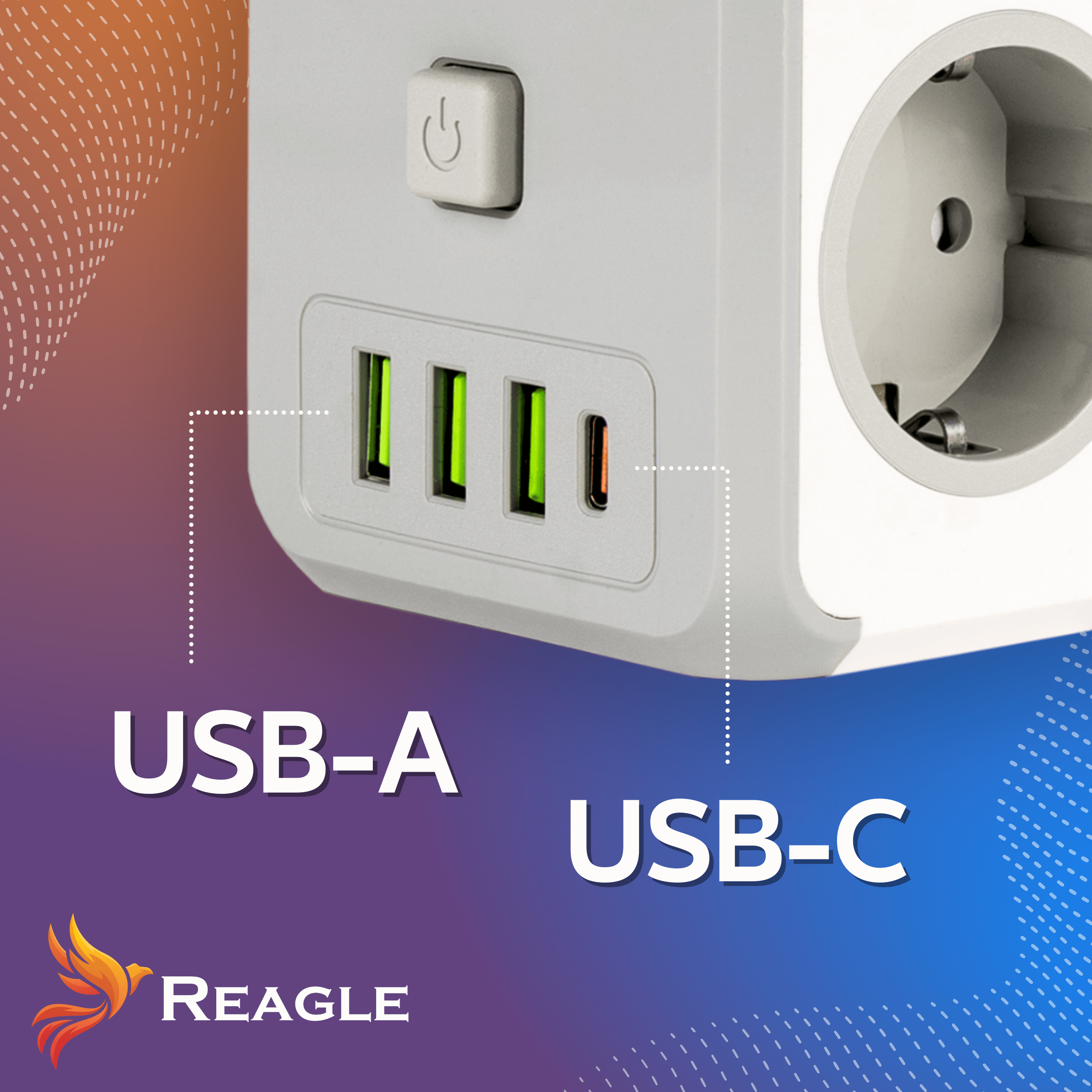 Biały adapter podróżny z portami USB-A, USB-C i przyciskiem zasilania.