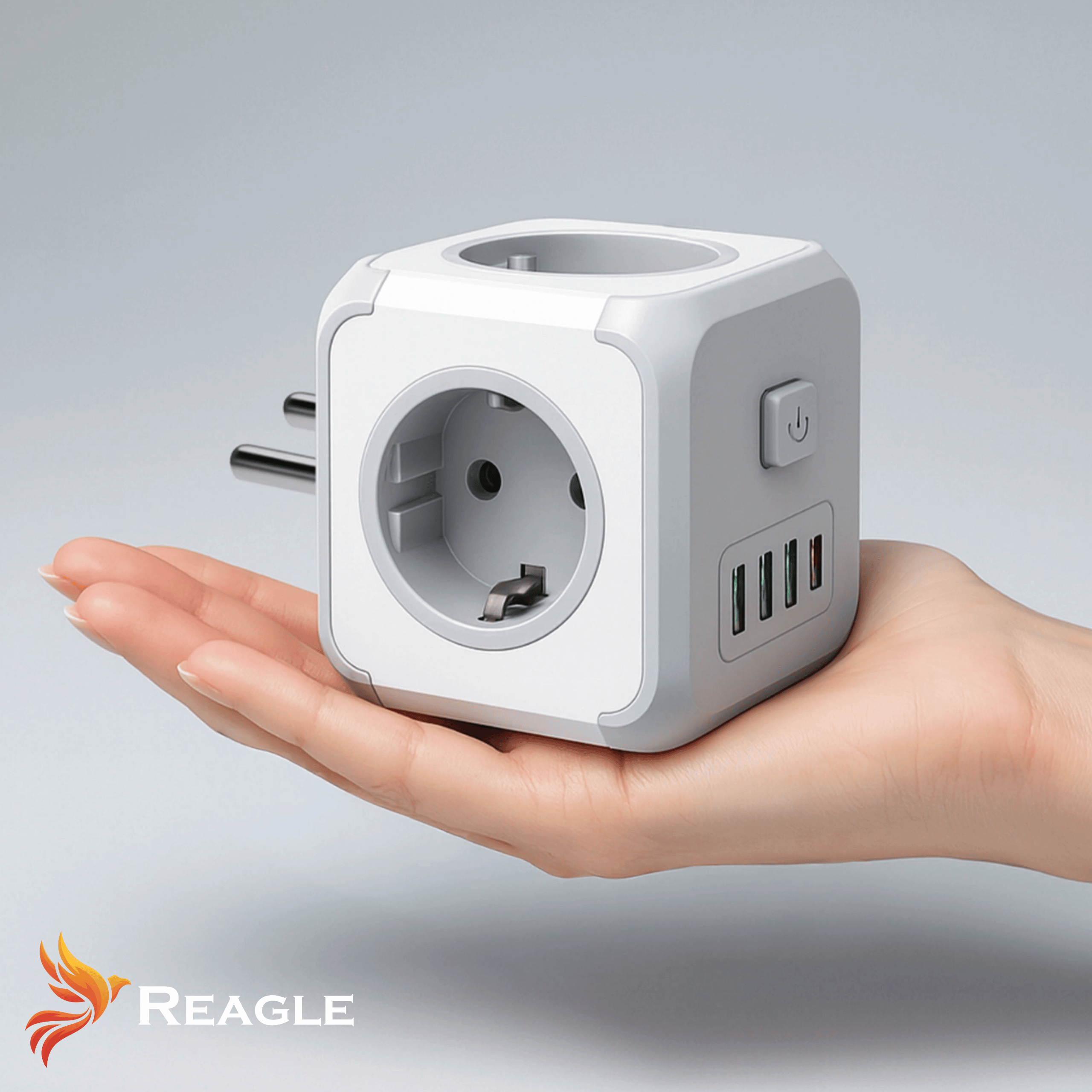 Biały adapter w kształcie sześcianu z gniazdem i portami USB w dłoni.