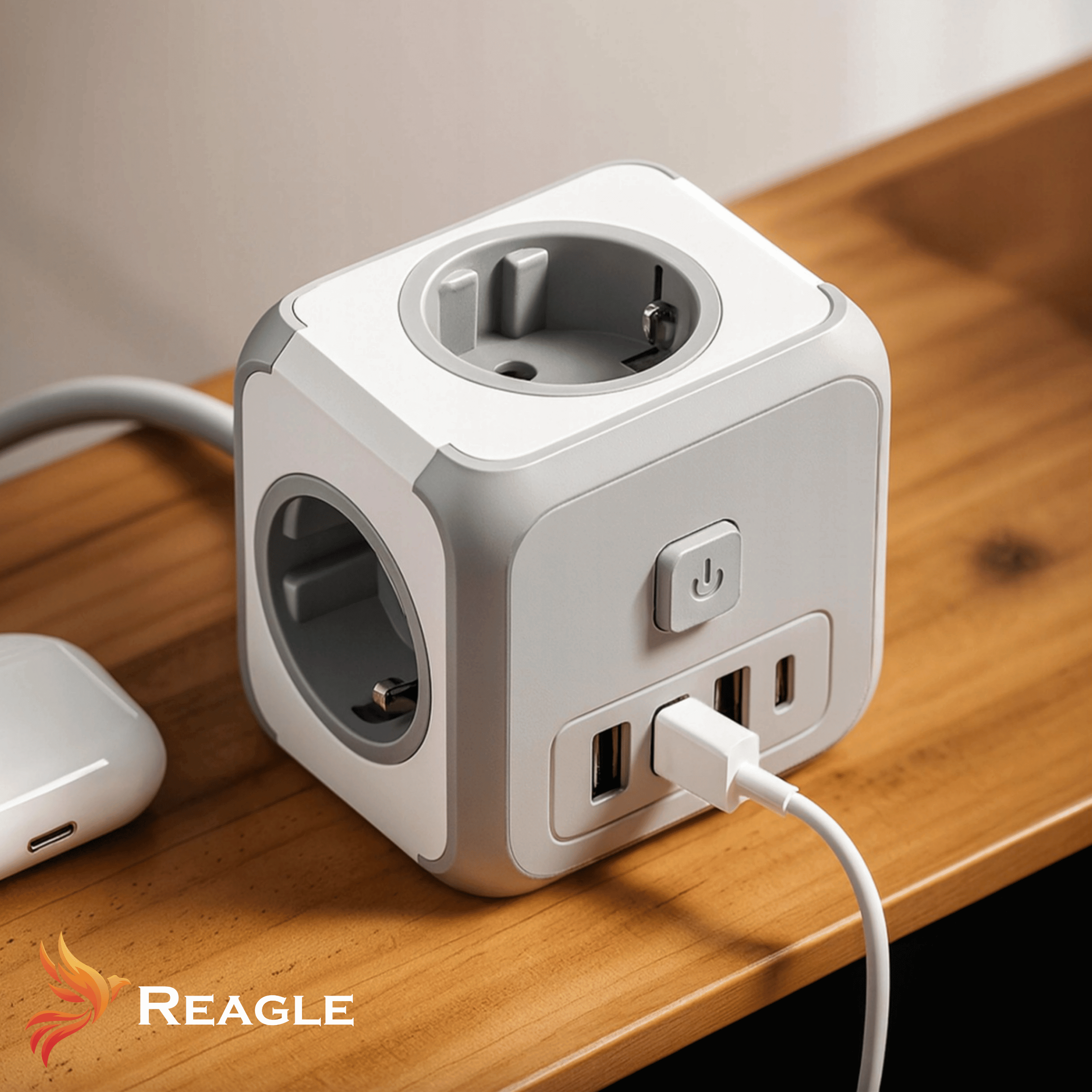 Biała i szara kostka adaptera z portami USB na drewnianej półce.