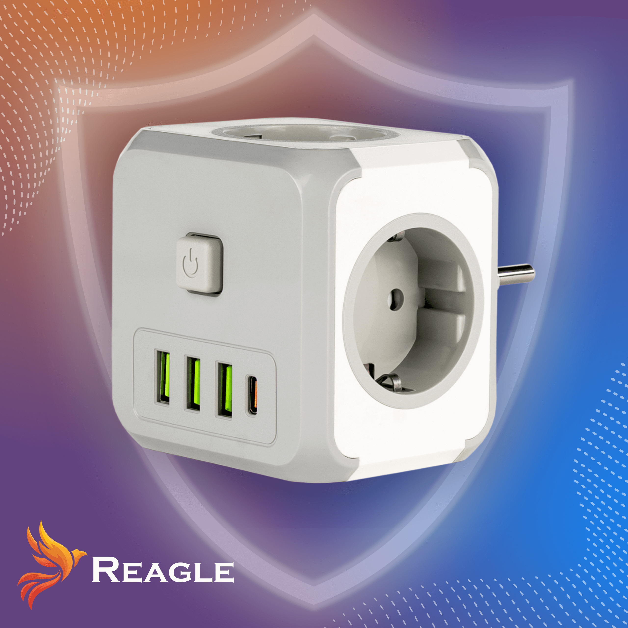 Biały adapter sześcienny z portami USB i gniazdkiem na tle gradientu.