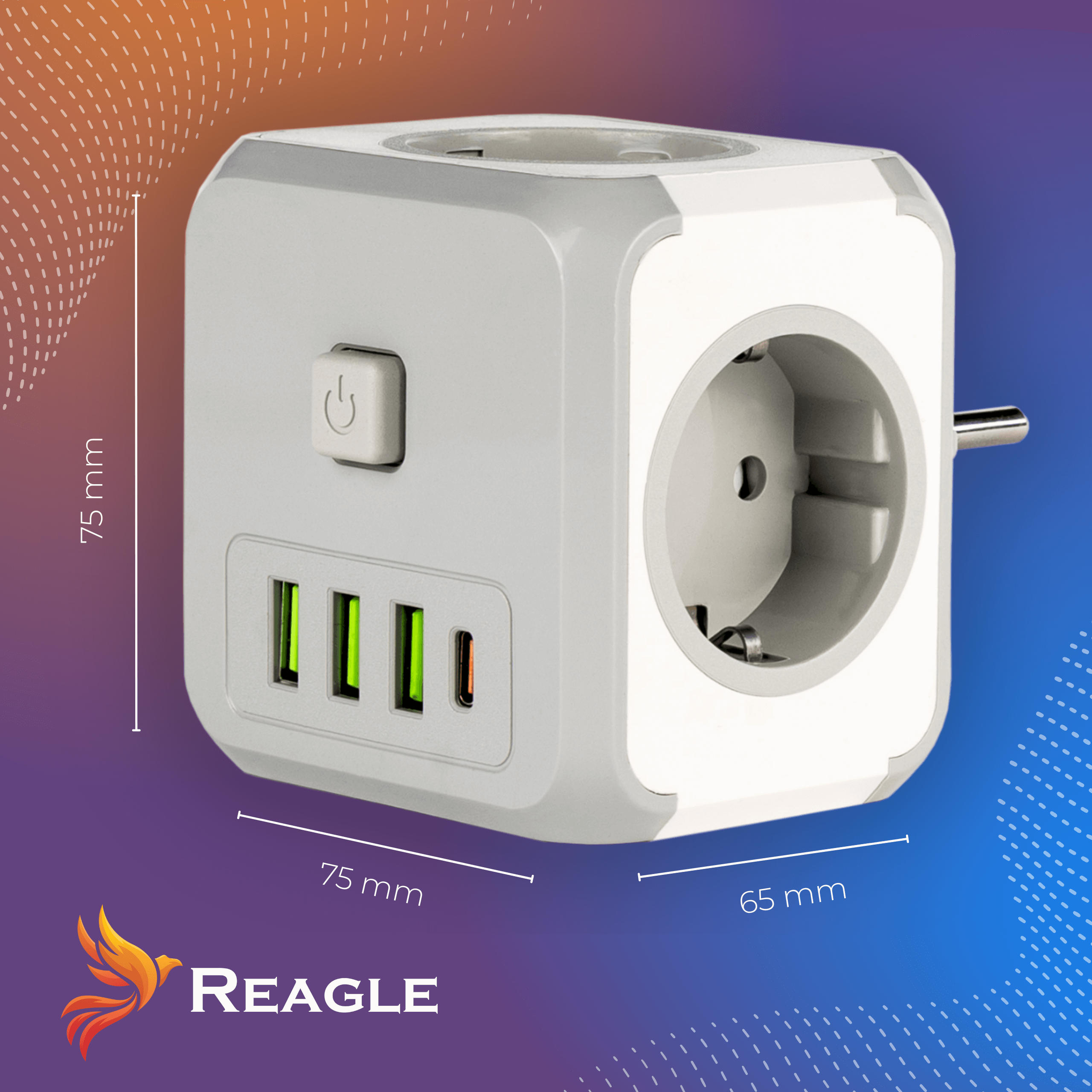 Biały adapter sześcienny z portami USB i gniazdkiem. Podano wymiary.