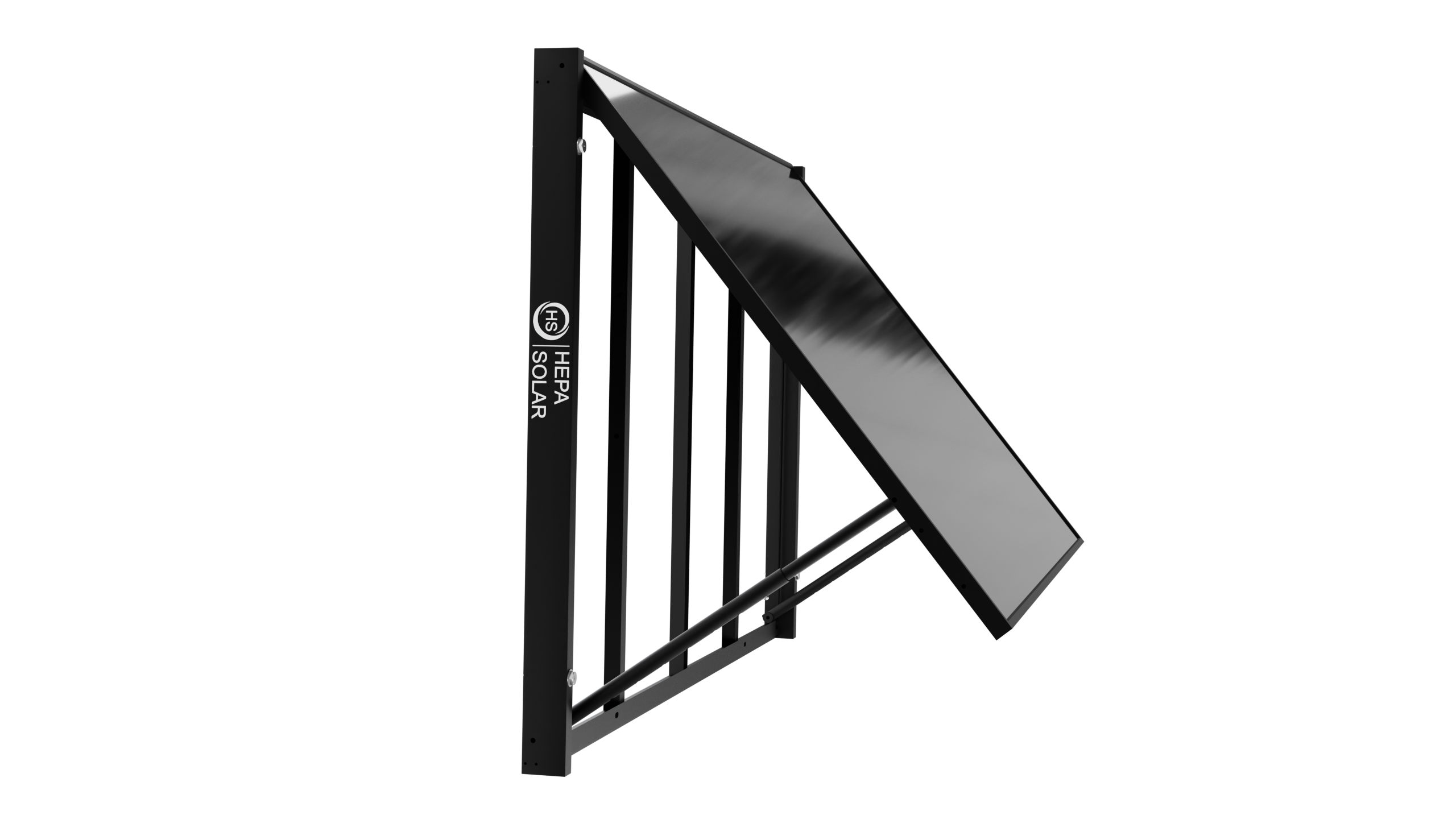 Ein schwarzer Solarpanel-Halter mit Logo, auf schwarzem Hintergrund.