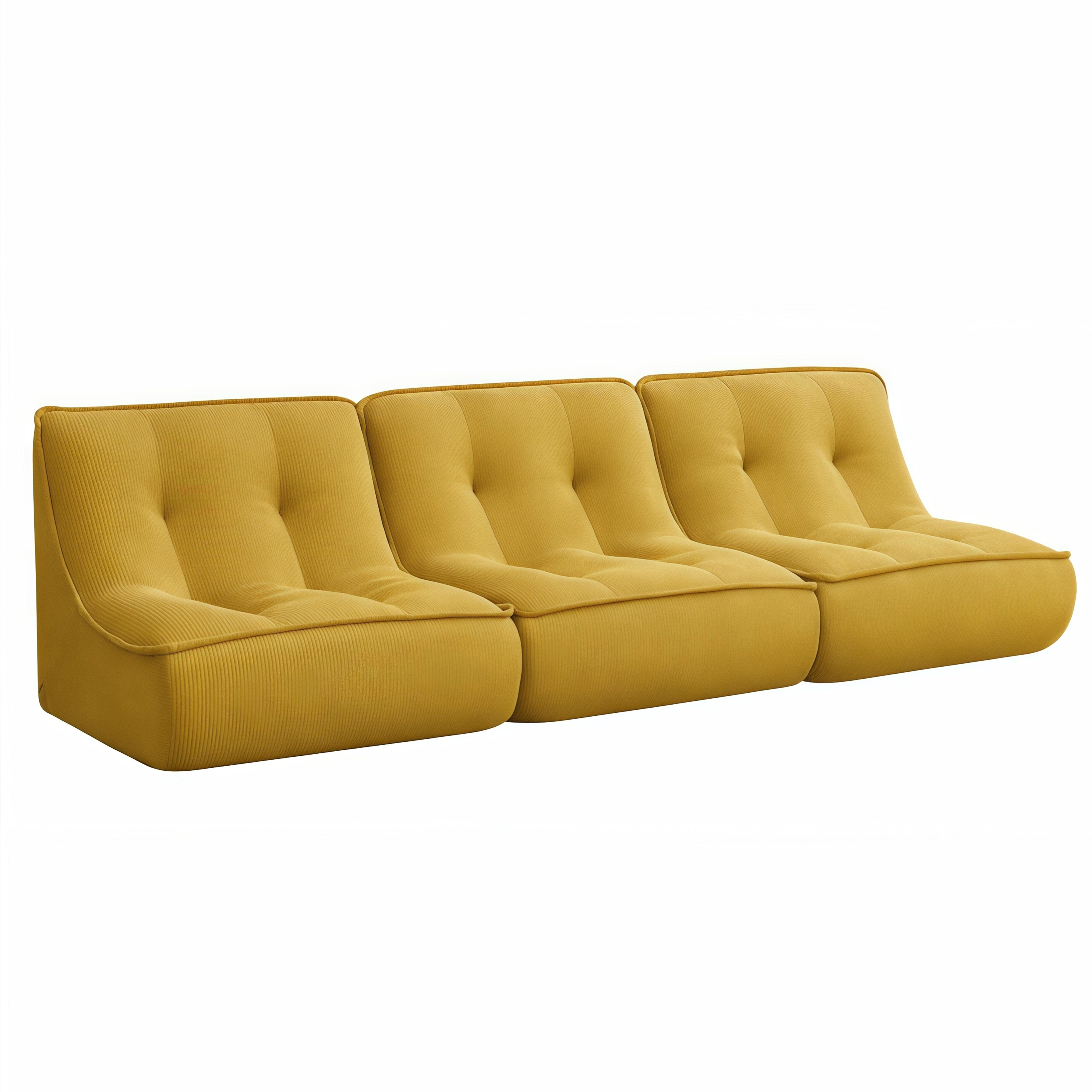 Ein gelbes Cord-Sofa mit drei Modulen und Knopfpolsterung.