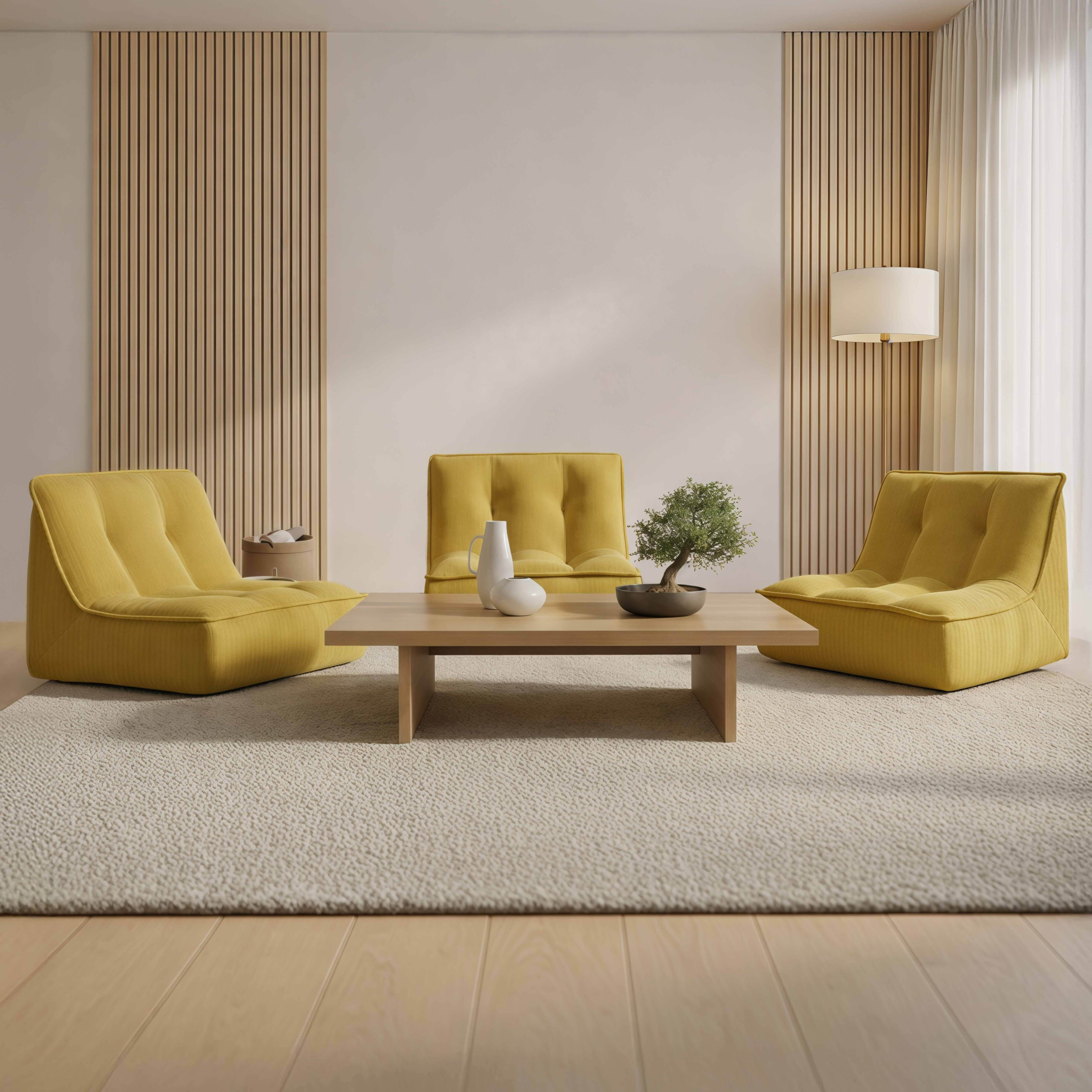 Ein Wohnzimmer mit drei gelben Sesseln, einem Holztisch und einer Pflanze.
