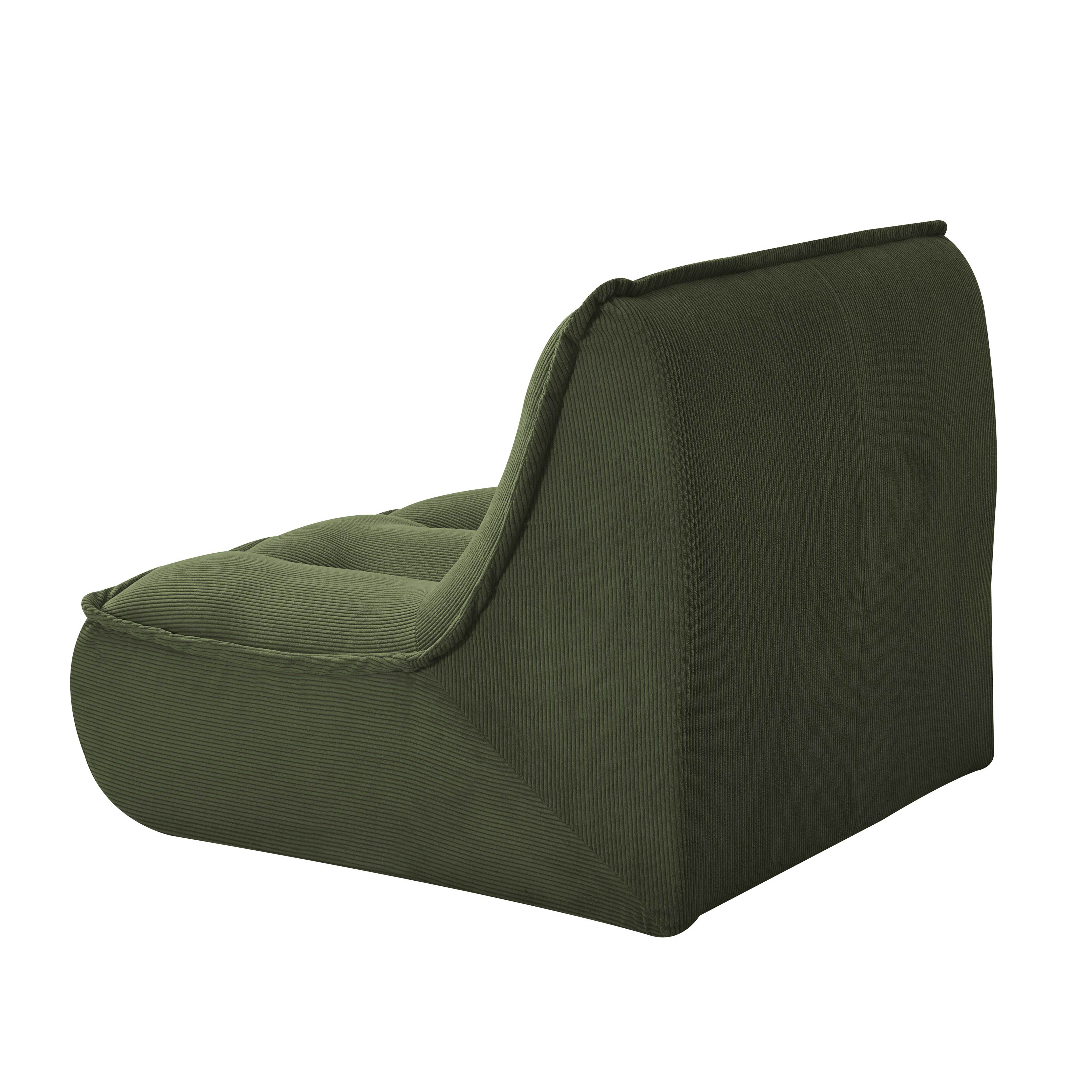 Ein grüner Cord-Sessel mit gepolstertem Sitz und Rückenlehne, von der Seite gesehen.